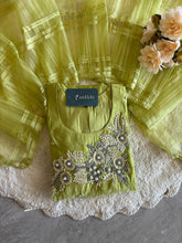 A1664 -Pure Mul Chanderi A-Line Suit featuring 3D Floral Handwork on the Neckline, paired with Pants & Organza Dupatta.