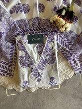 A4025- Pure Cotton Suit featuring Block-Printed Floral Motifs, delicate Lace detailing, matching Pants & Dupatta.