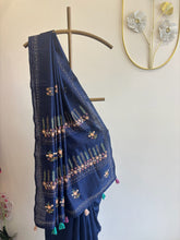 A1650 - Deep Blue Tussar Silk Saree with Kantha & French Knot Embroidery