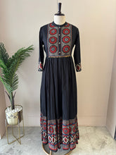 A3914- Pure Cotton Flared Gown adorned with vibrant prints on the Yoke, Sleeves & hem & elegant button detailing.