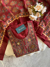 A3948- Pure Cotton Solid Anarkali Suit with Embroidered Yoke, Ajrakh-inspired Printed Accents, matching Pants & Printed Dupatta.