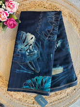 A2652 - Midnight Blue Tropical Art Silk Saree with Outline Handwork