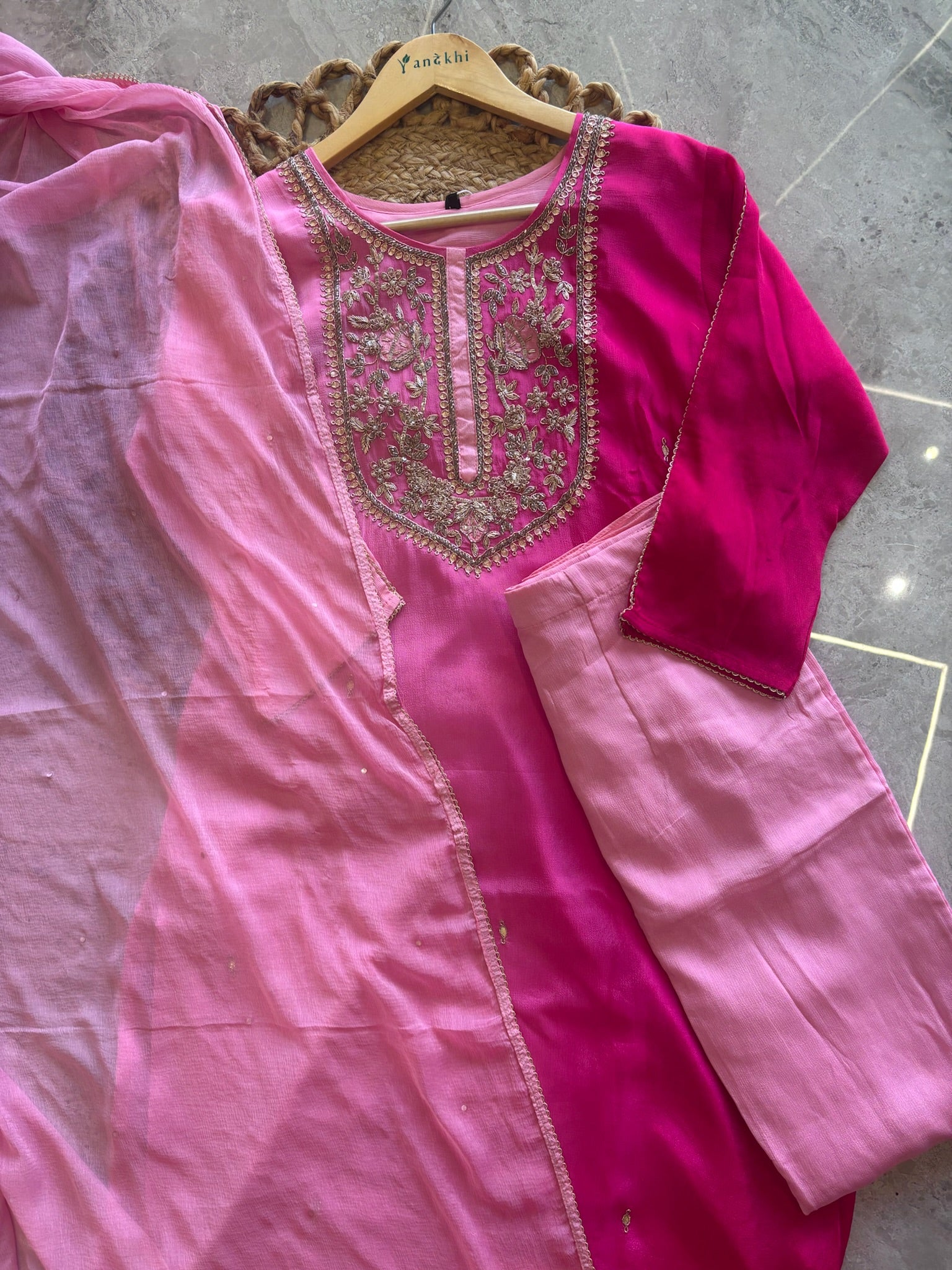 A1092 - Ombre Chinon Suit with Handwork Yoke Pants & Dupatta