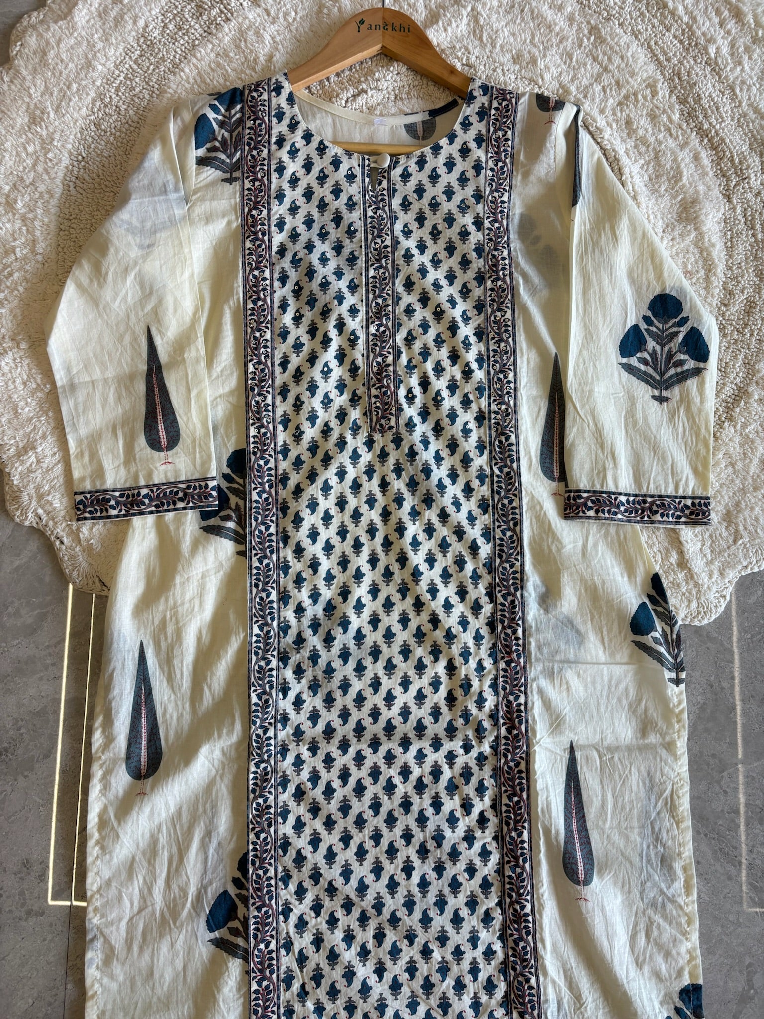 A3923- Pure Cotton Suit with Handblock & Floral Prints, a Printed Bottom & Dupatta.
