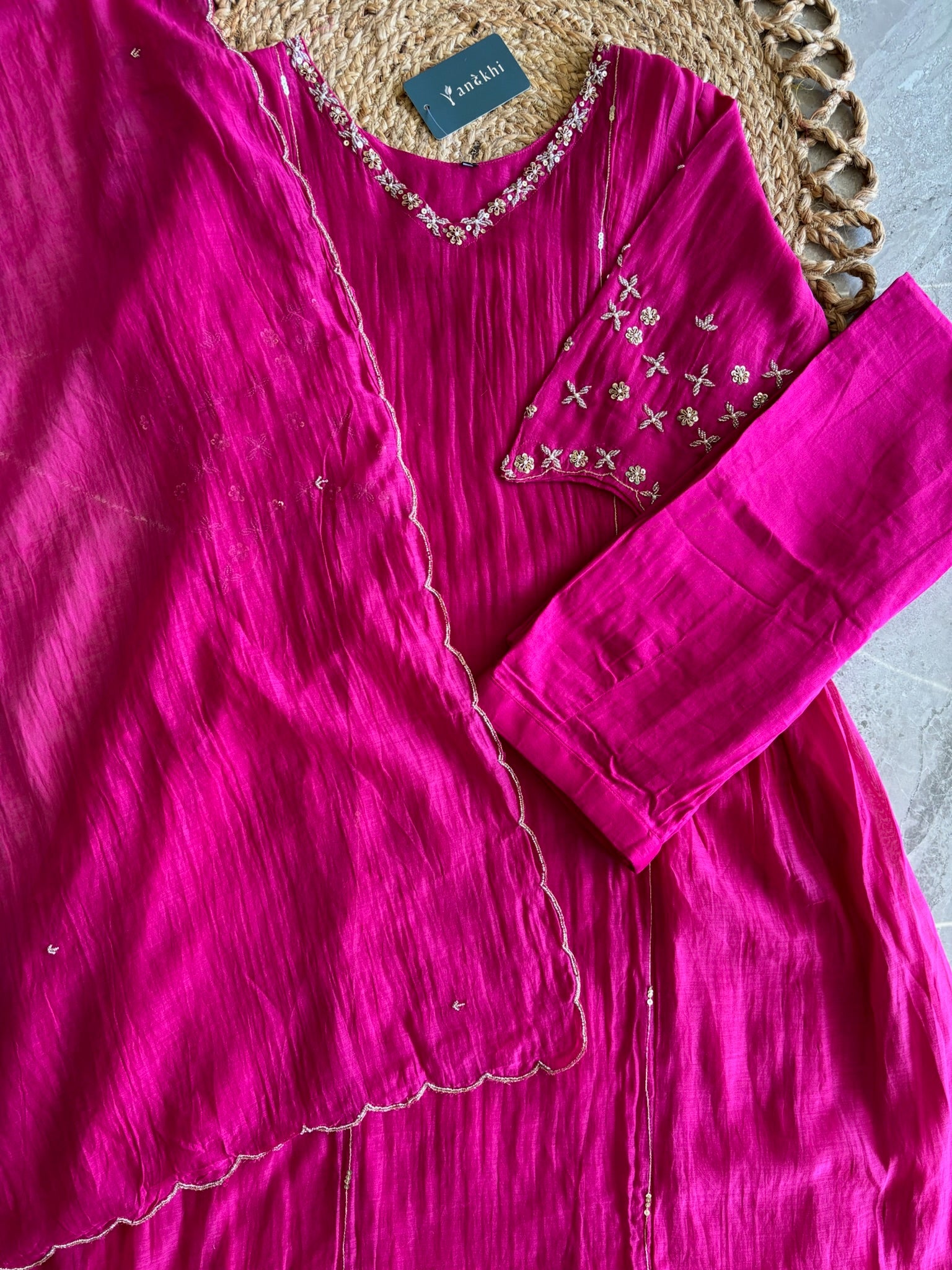 A1629 - Mul Chanderi Kurti with Delicate Hand Embroidery on Neckline & Sleeves with Pants & Dupatta.