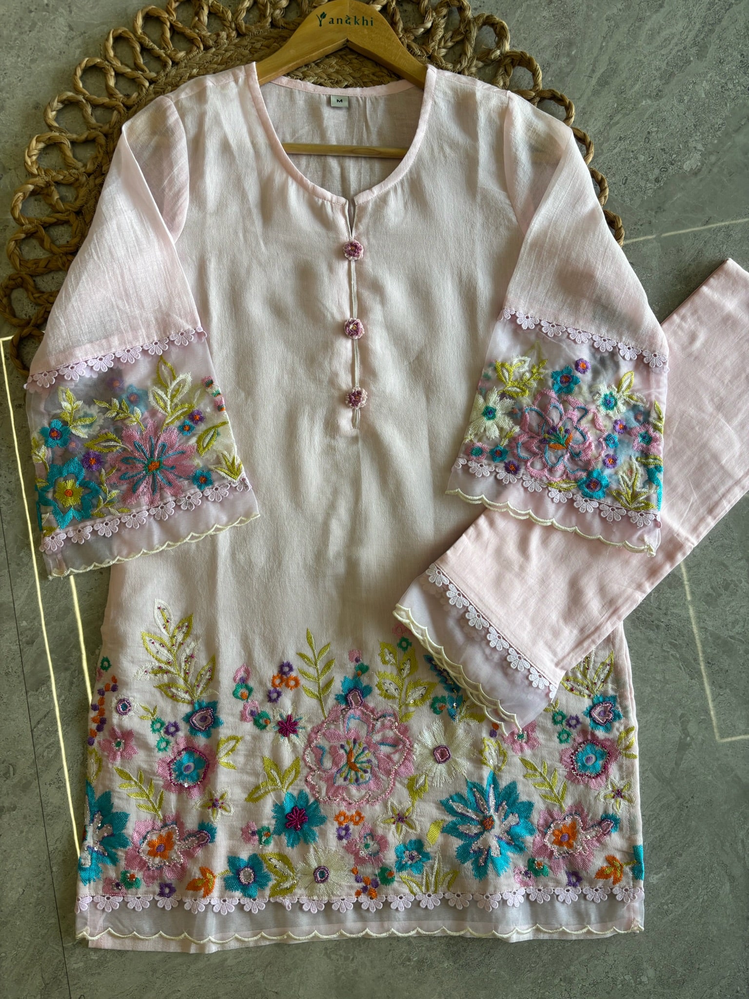 A4162- Linen Co-Ord Set with Vibrant Multi Colour Embroidery & delicate Lace Detailing.