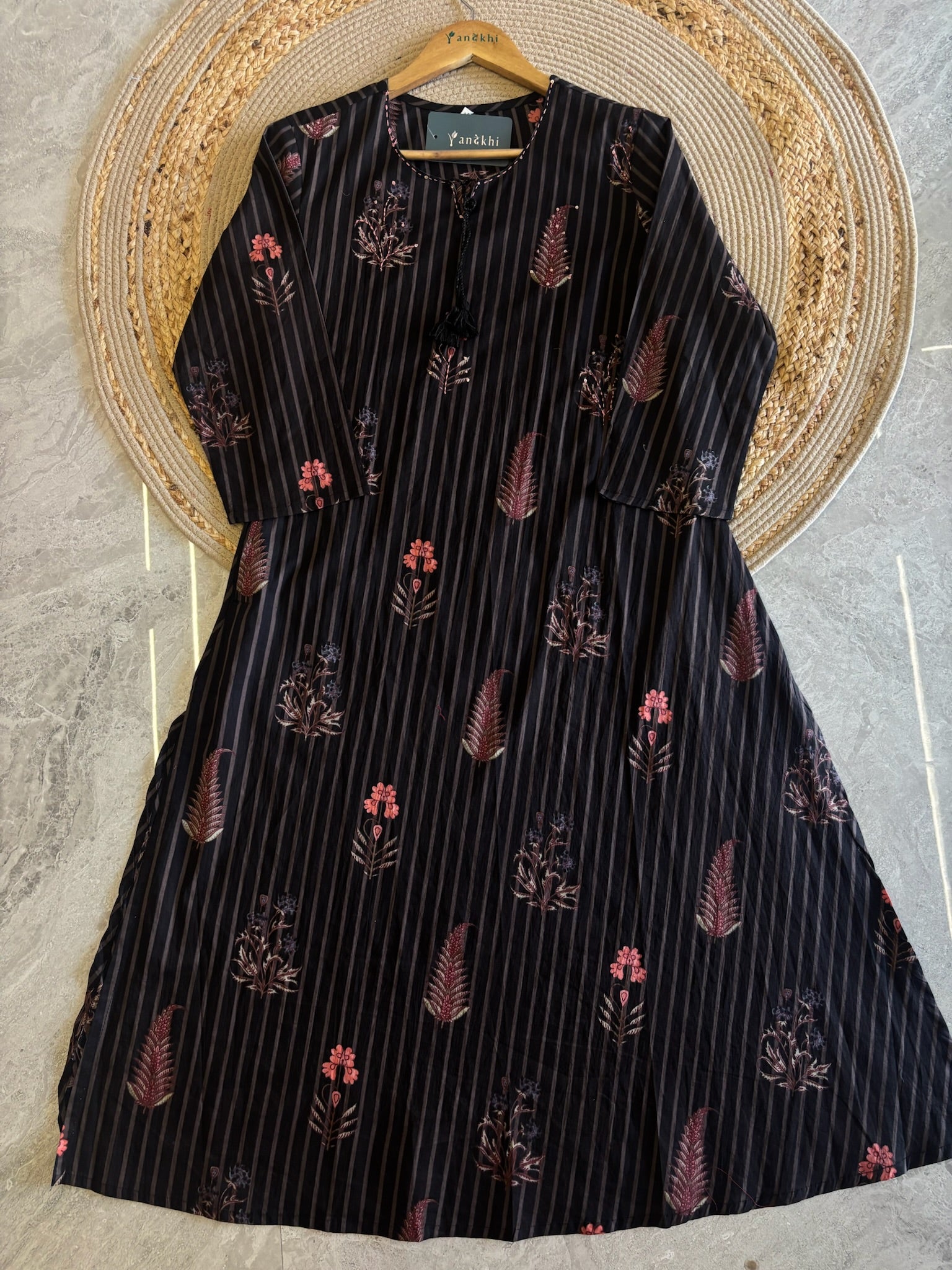A4019- Pure Cotton A-Line Suit with Elegant Striped Patterns, Delicate Floral Prints, with Pants & Dupatta.