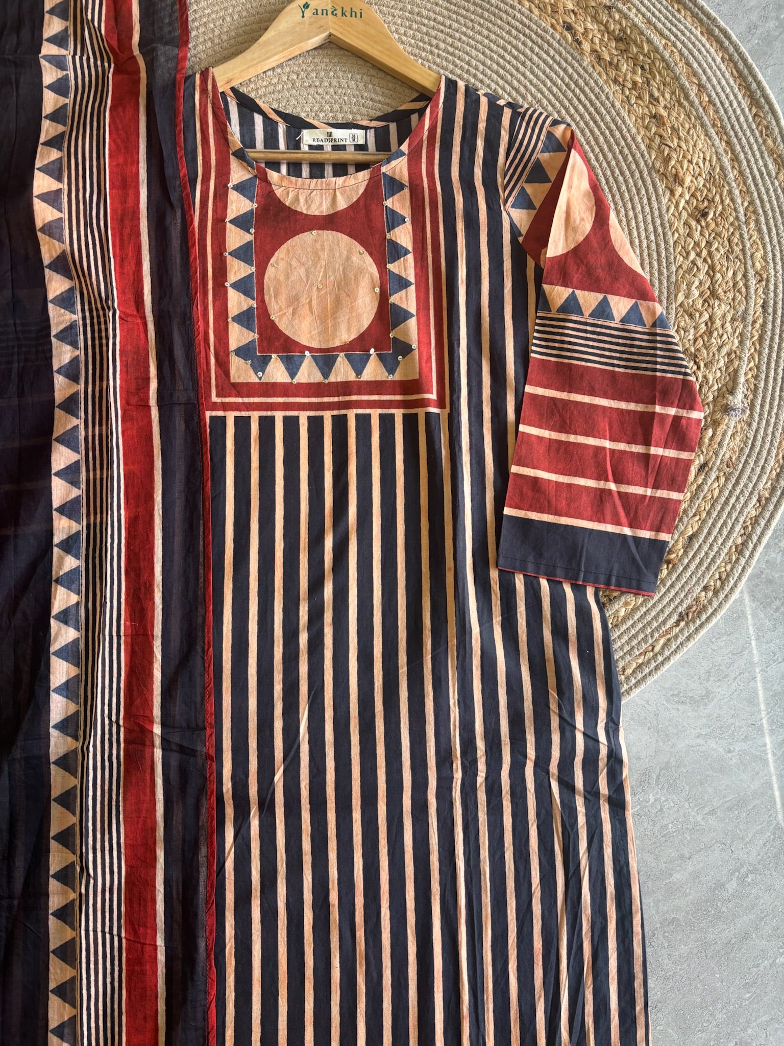 A4032- Pure Cotton Suit featuring Bold Geometric Stripes, Circular Motifs, matching Pants & Dupatta.