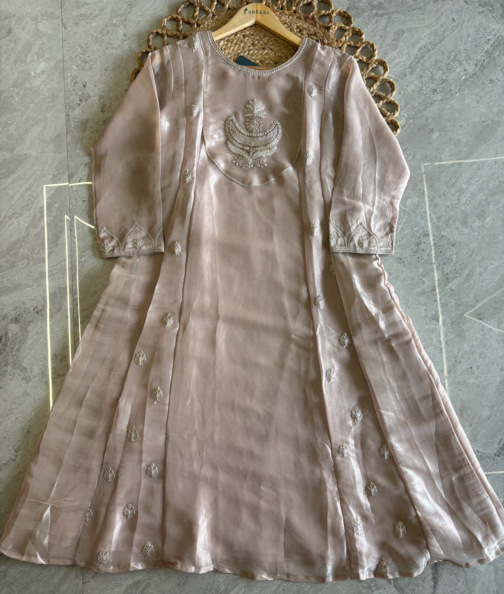 A4152- Tissue Silk Zari Anarkali Set with Zari Embroidery on the yoke & Booti all over, with Pants & Dupatta