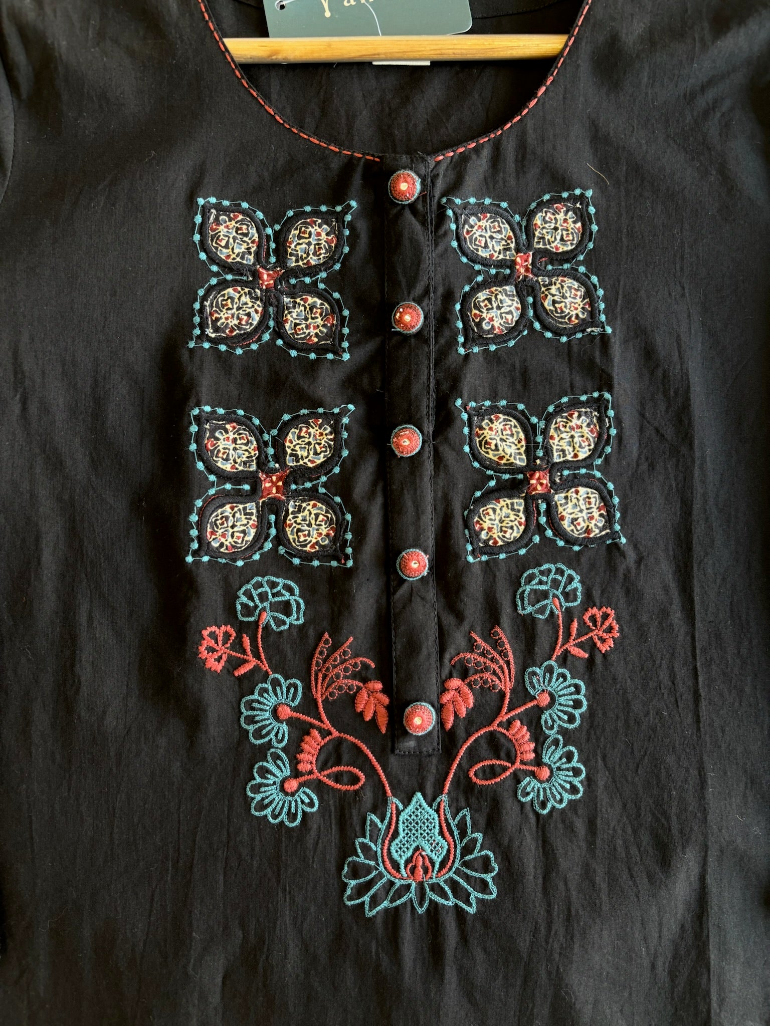 A4035 - Black Embroidered Suit set with a Statement Patchwork Printed Dupatta.