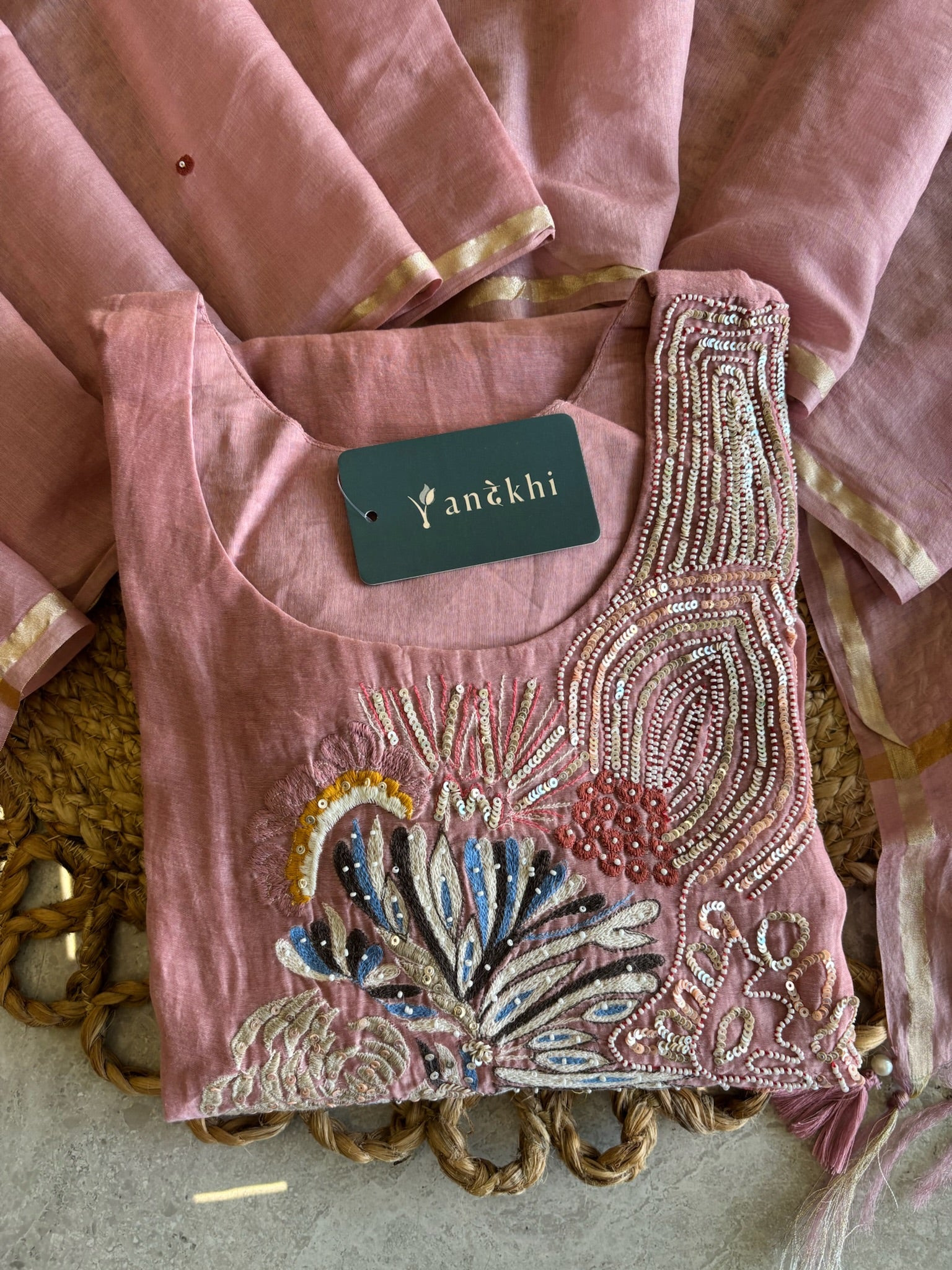A4144 - Mul Chanderi Kurti with Heavy Handwork, paired with Pants & Dupatta.