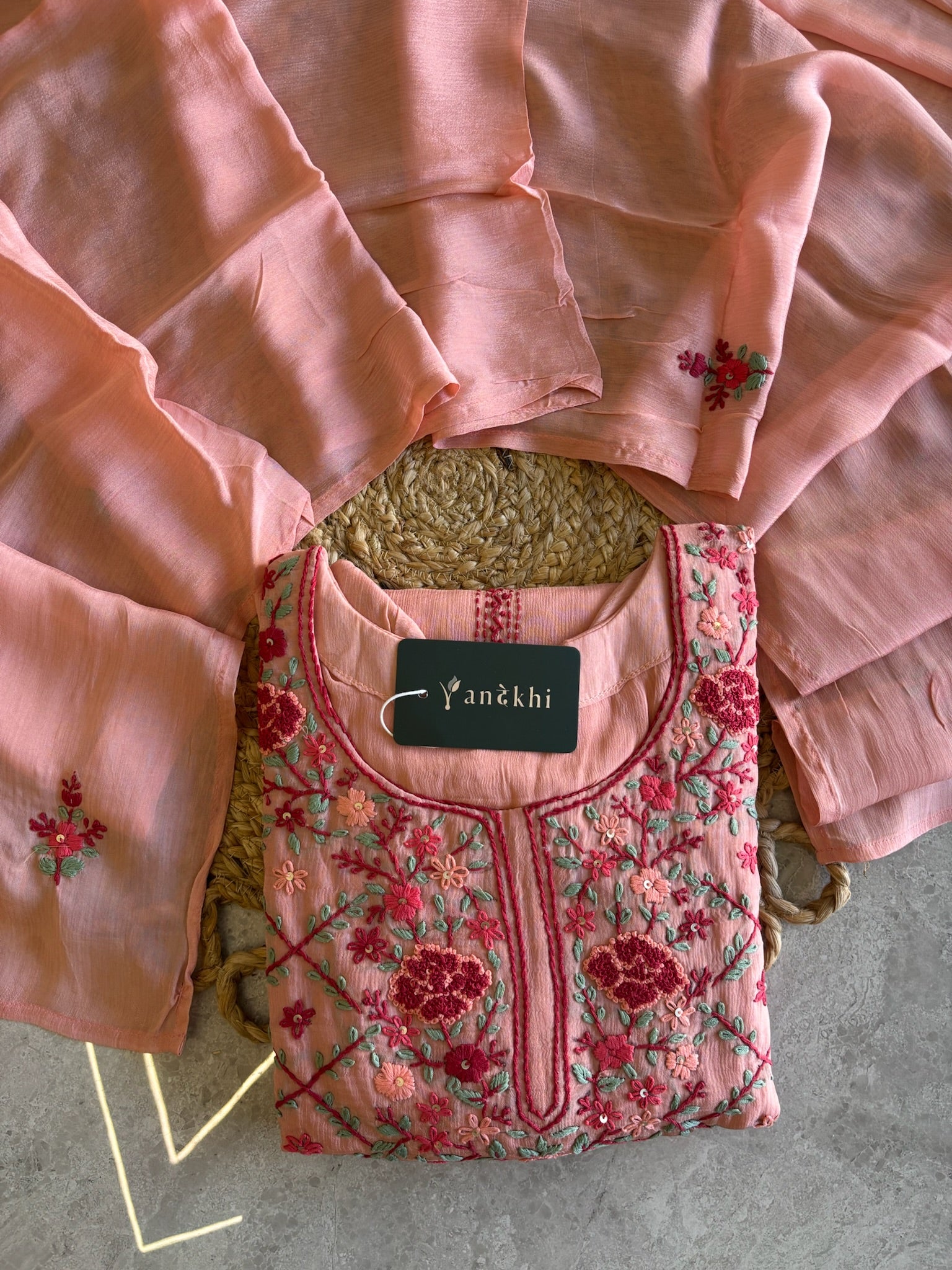 A1568 - Pure Chinon Kurti featuring Intricate Chikankari work, paired with Plazo & Dupatta.