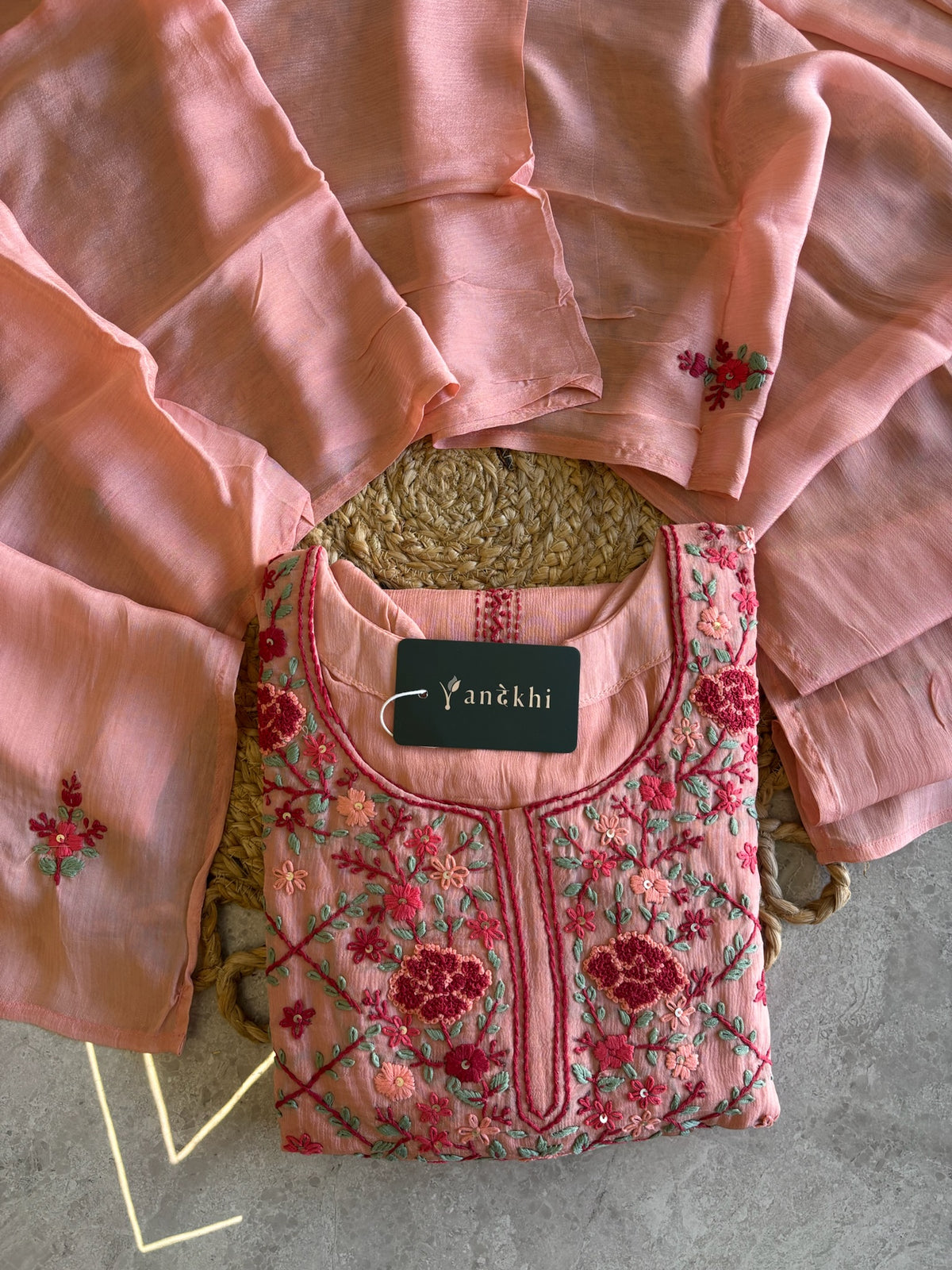 A1568 - Pure Chinon Kurti featuring Intricate Chikankari work, paired with Plazo & Dupatta.
