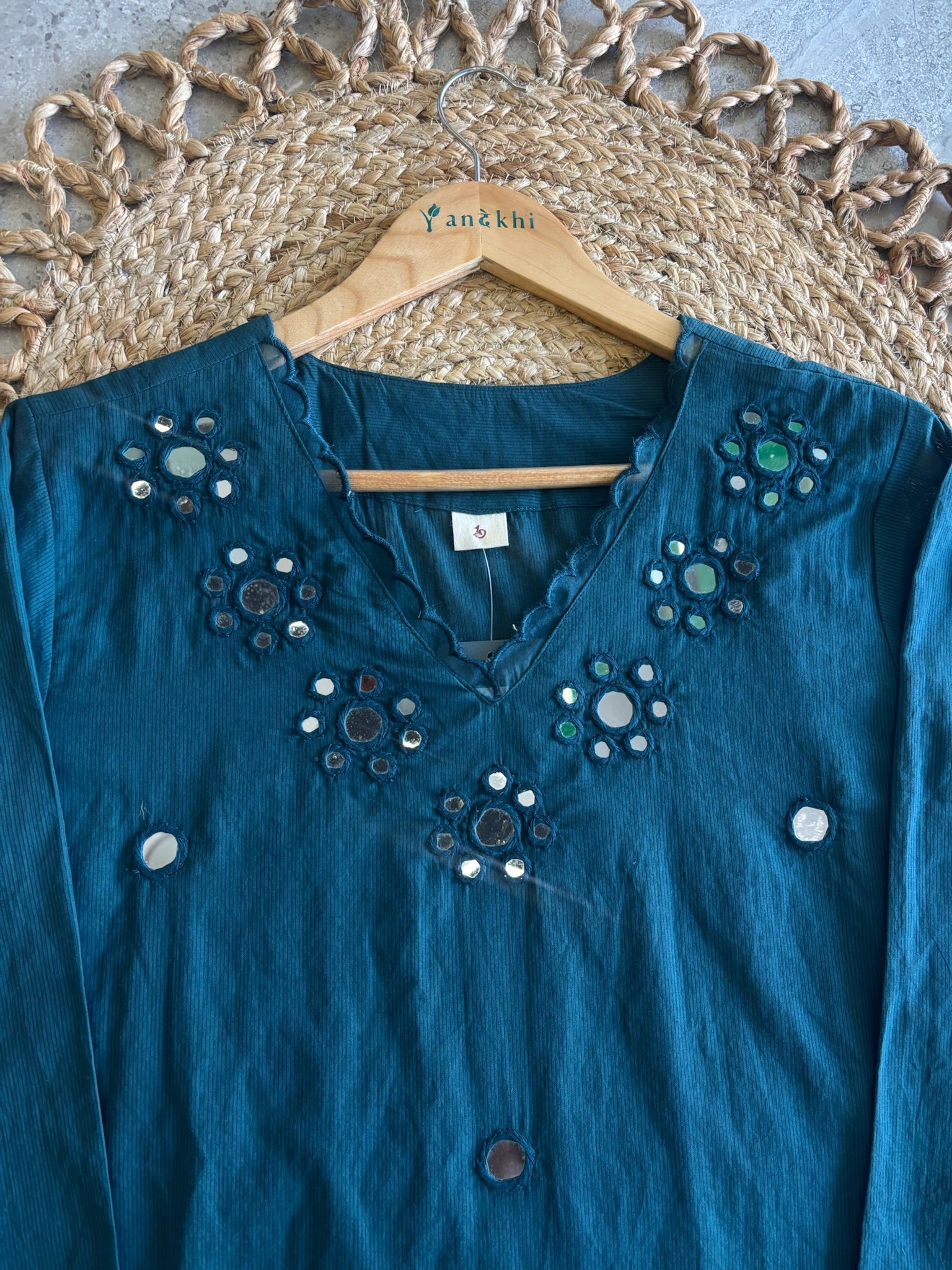 A4056 - Pure Cotton Kurti with Delicate Mirror Work on the Neckline, Mul Mul Dupatta & Pants.