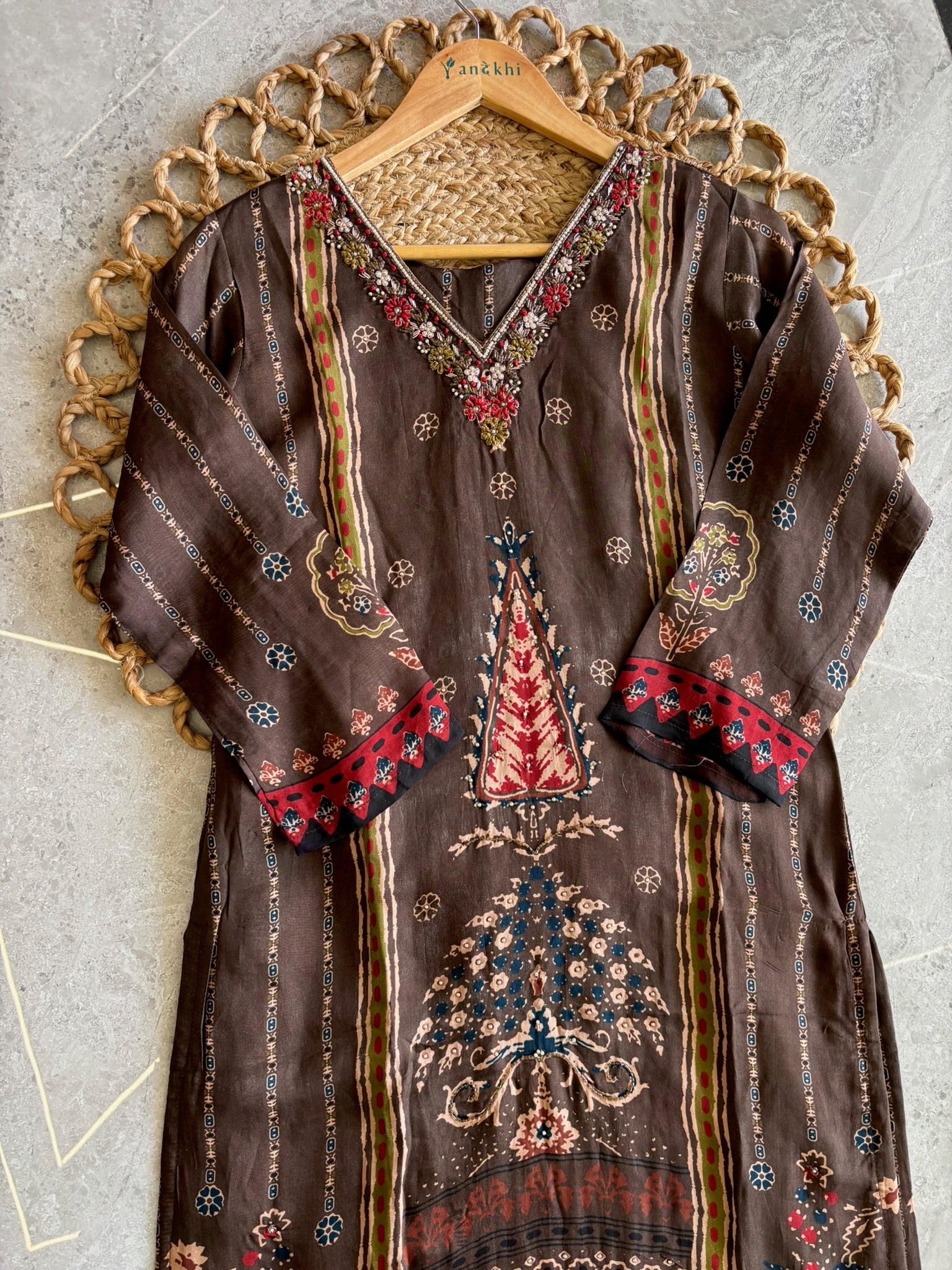 A2727 - Printed Pure Crepe Silk Suit Set with Detailed Neckline, Pants & Dupatta