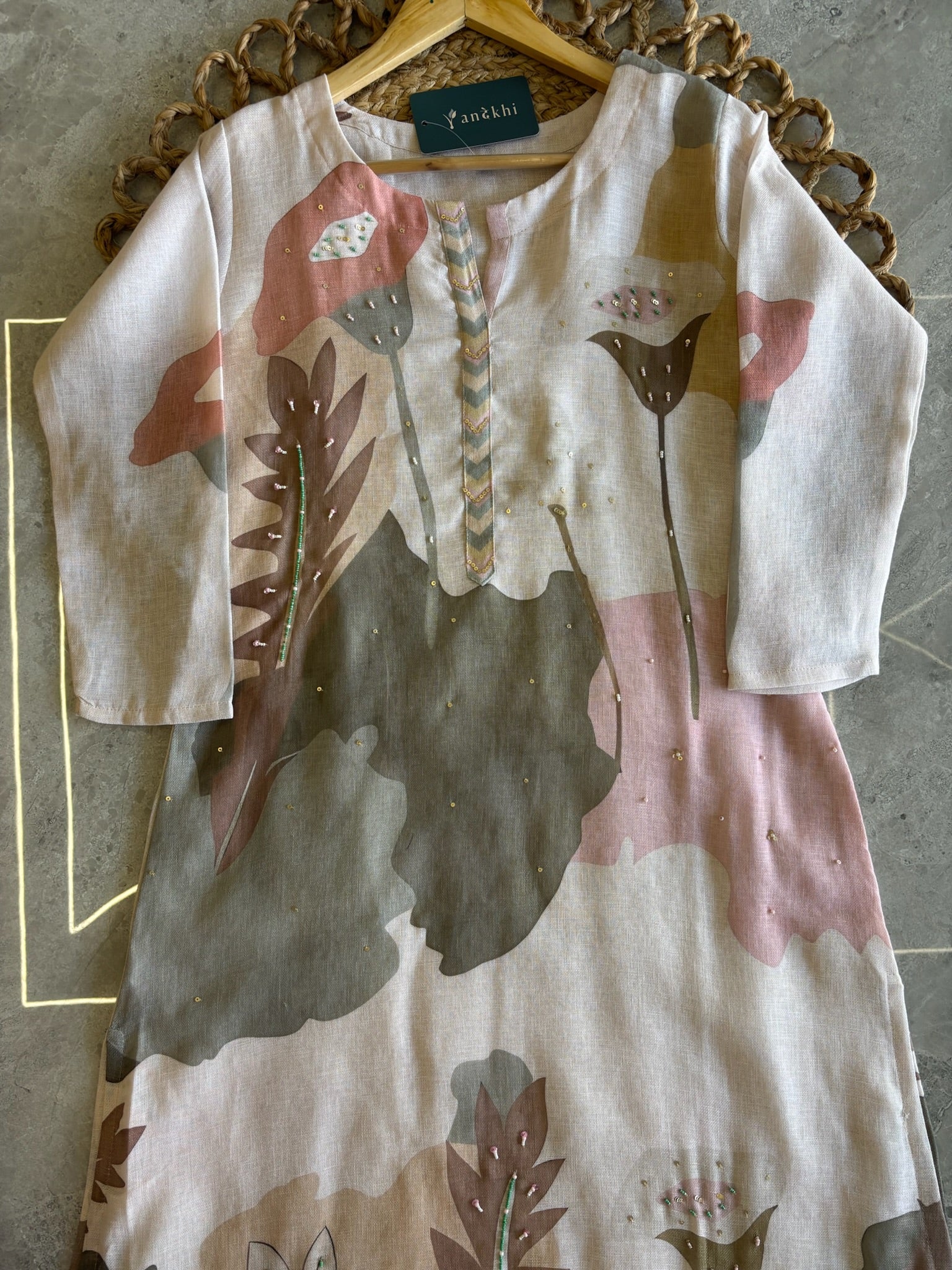A3953 - Pure Linen Kurti with Minimal Handwork, paired with Pants & Dupatta.
