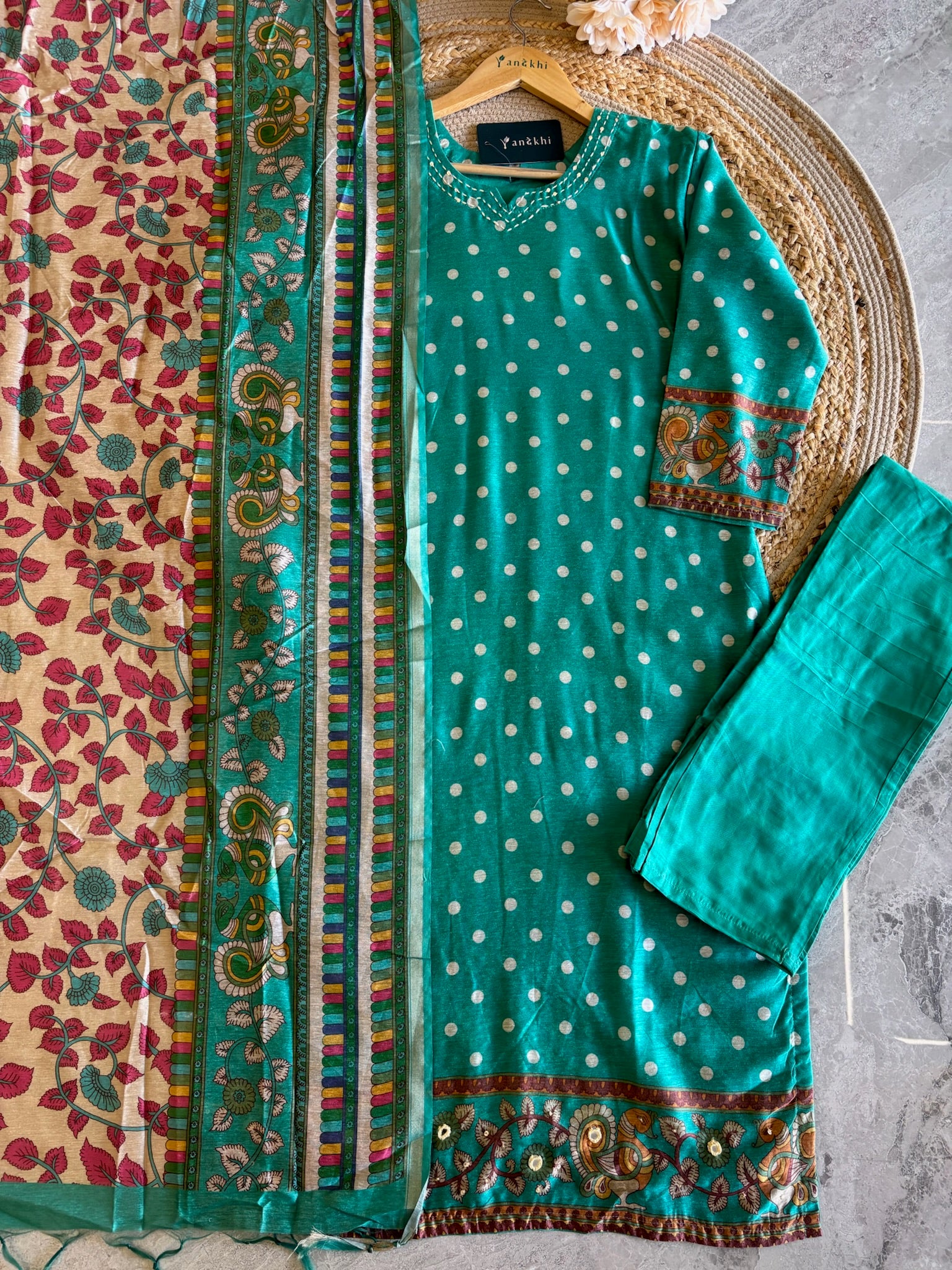 A6206- Chanderi Silk Suit featuring a vibrant polka-dotted Kurta with traditional Printed border, paired with Pants
