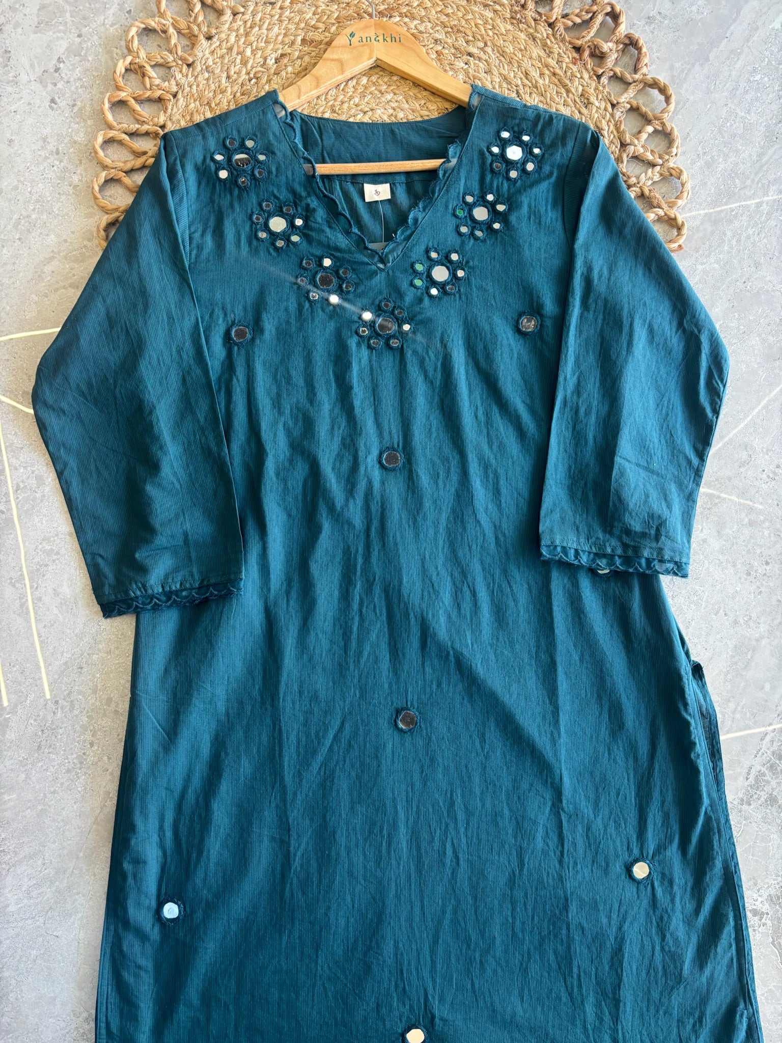 A4056 - Pure Cotton Kurti with Delicate Mirror Work on the Neckline, Mul Mul Dupatta & Pants.