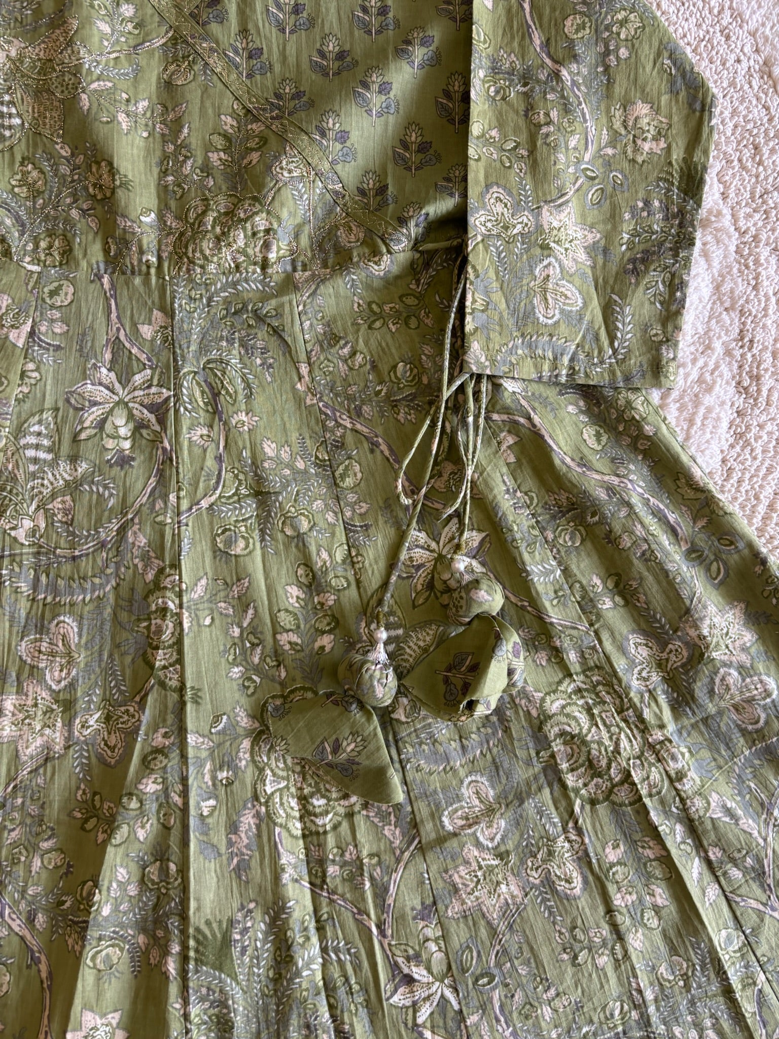 A3978- Pure Cotton Angarkha-style Anarkali Suit featuring Floral & Geometric prints, with Pants & Dupatta.