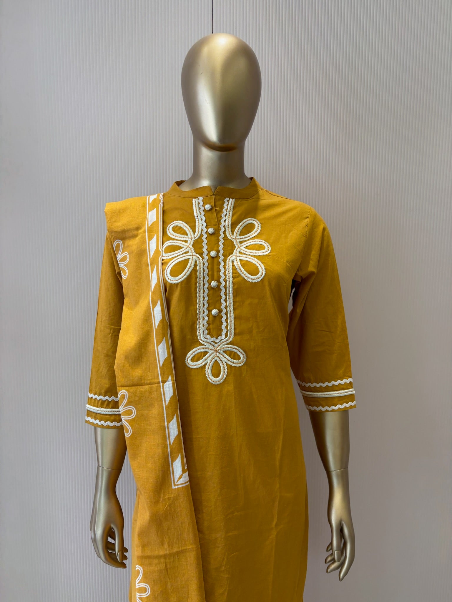 A2785 - Cotton Suit with Embroidered Neck, Designer Bell Bottoms & Printed Dupatta.
