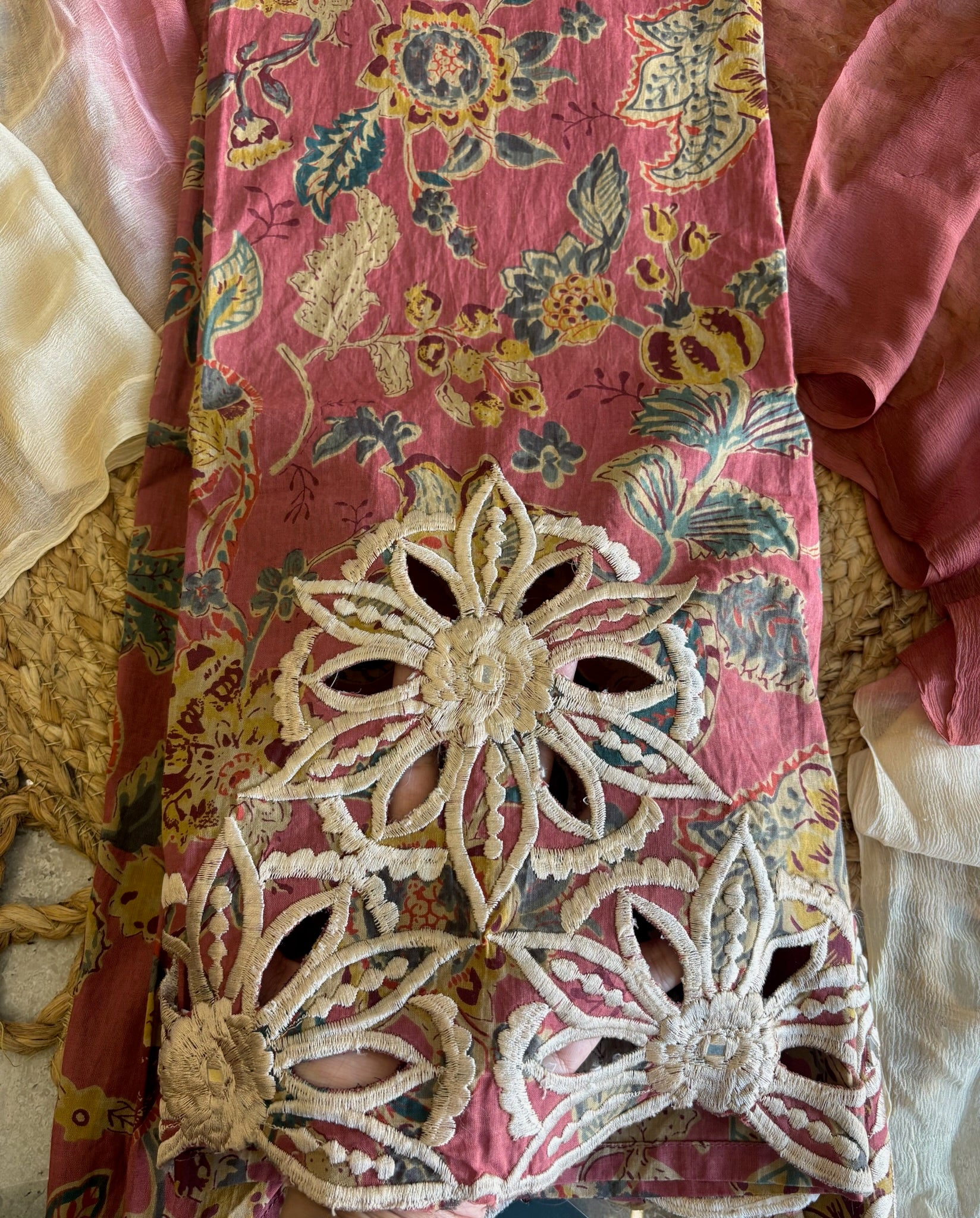 A2788 - Pure Cotton Kurti with delicate Cutwork & Embroidery, Pants & Dupatta.