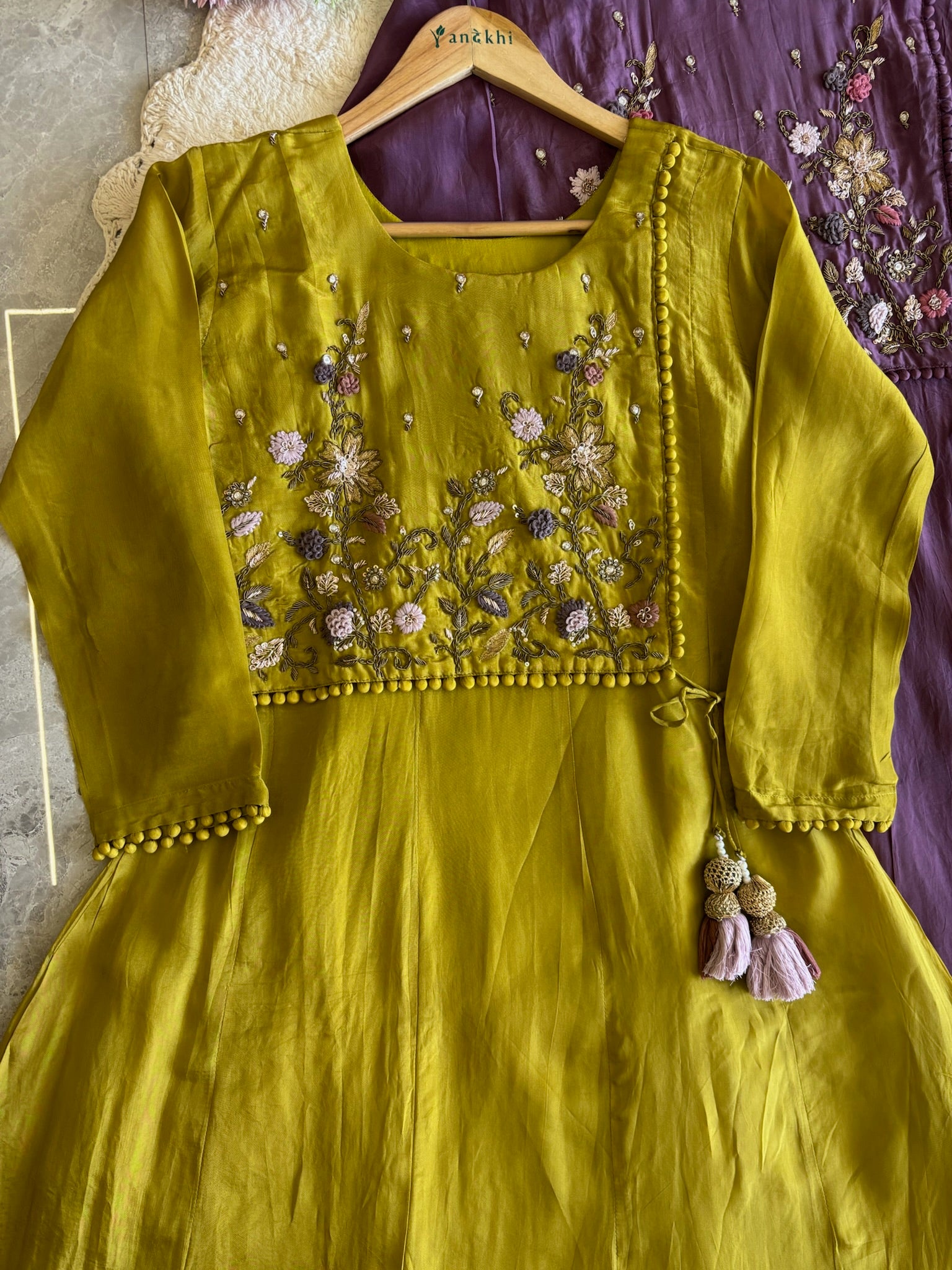 A2642- HO Silk A-Line Suit featuring an Overlap Jacket-Style Hand Embroidered Heavy, Paired with Pants & a Dupatta.