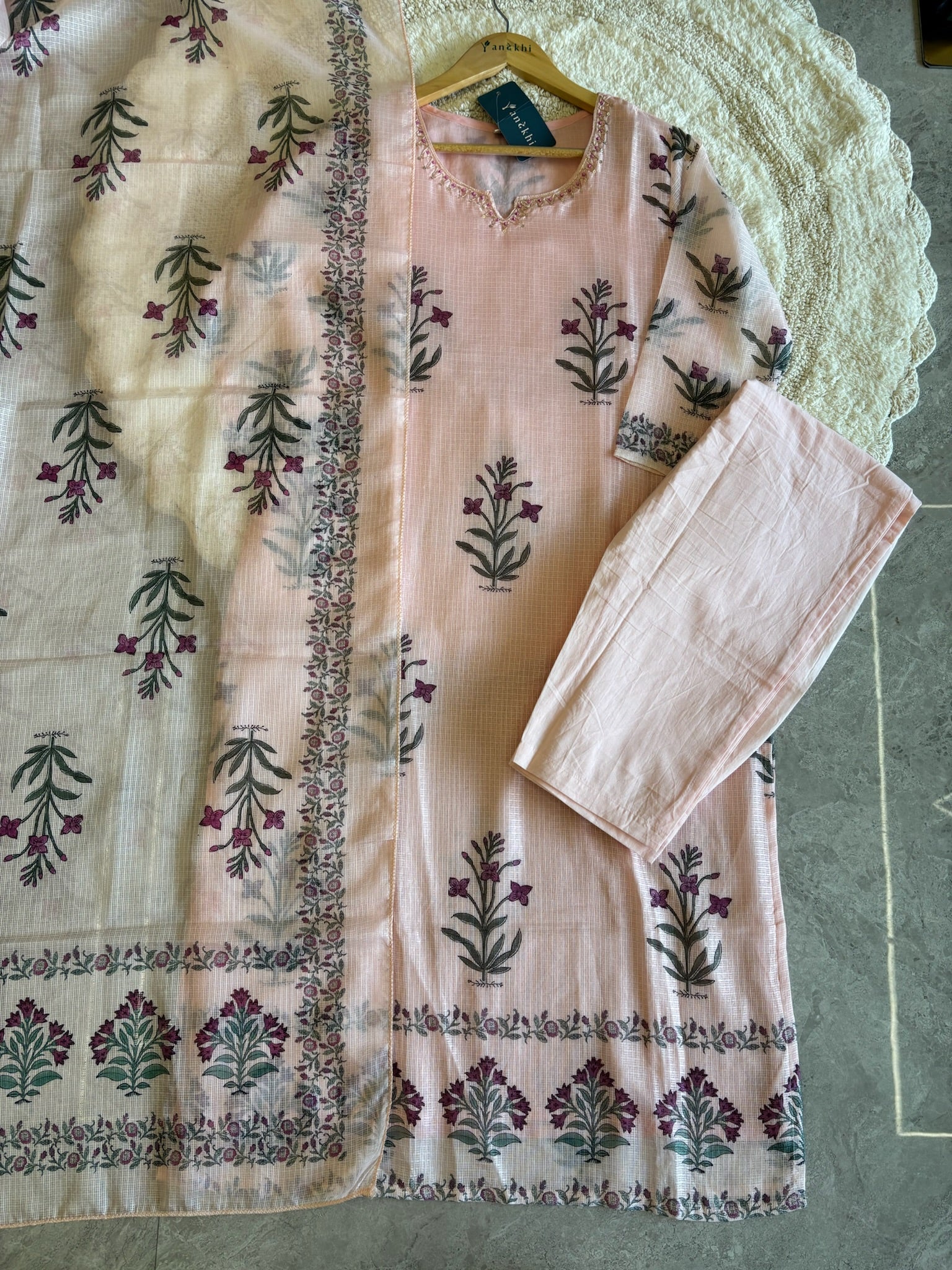 A4029- Kota Doriya Kurti Set featuring delicate Hand Block Floral Prints, Neckline detailing, matching Pants, & a Printed Dupatta.