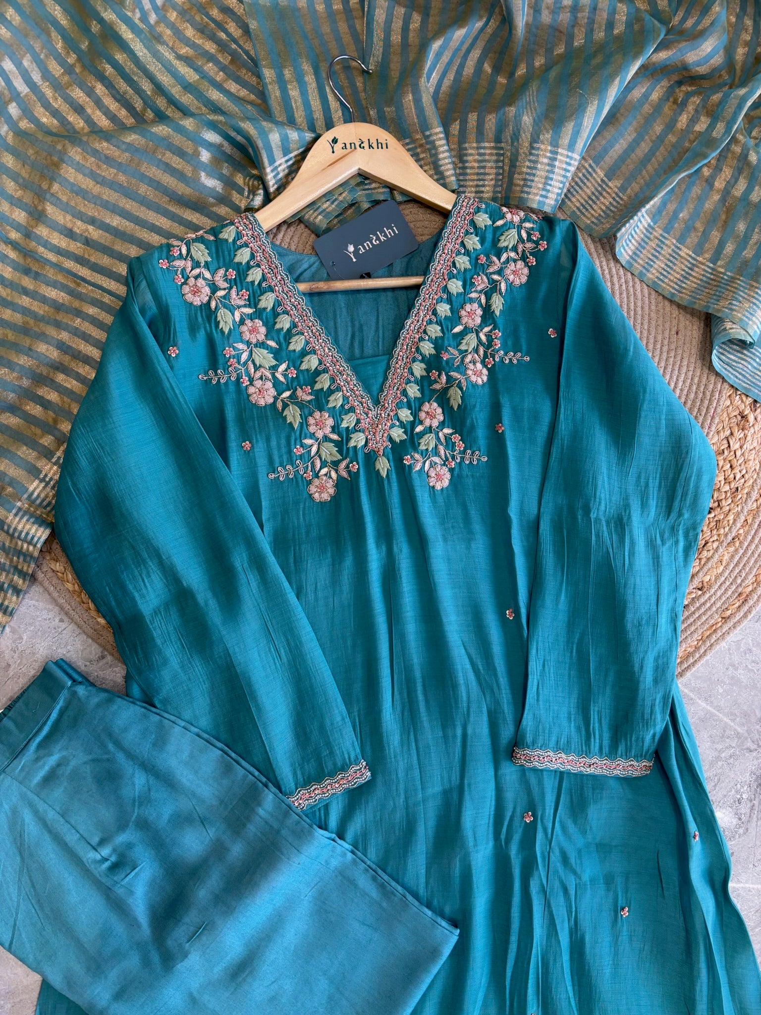A1665 - Mul Chanderi Kurti with Handwork detailing, Striped Tissue Dupatta & Pants.