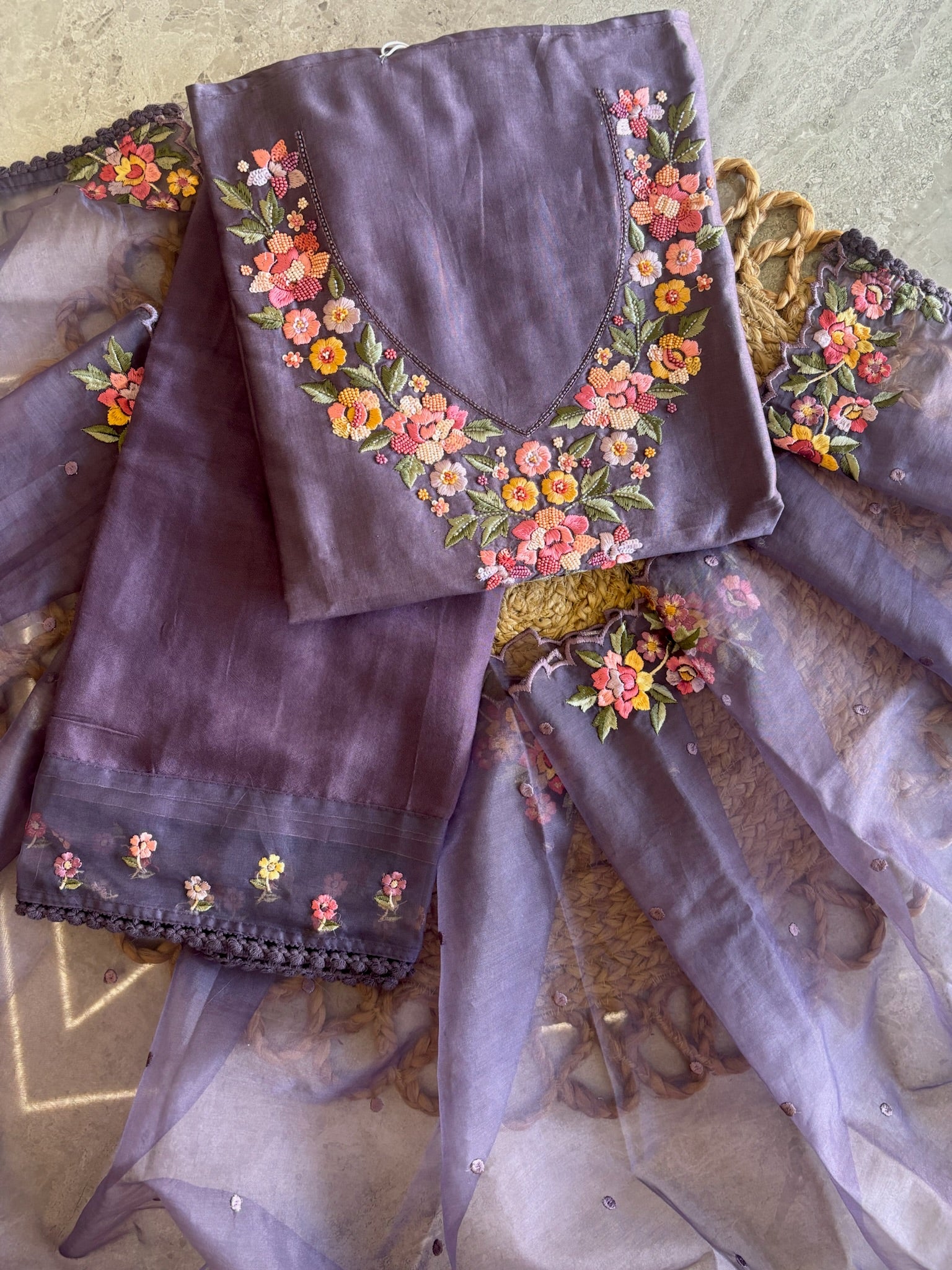 A1473 - Mul Cotton Unstitched Suit with 3D Floral Embroidery.