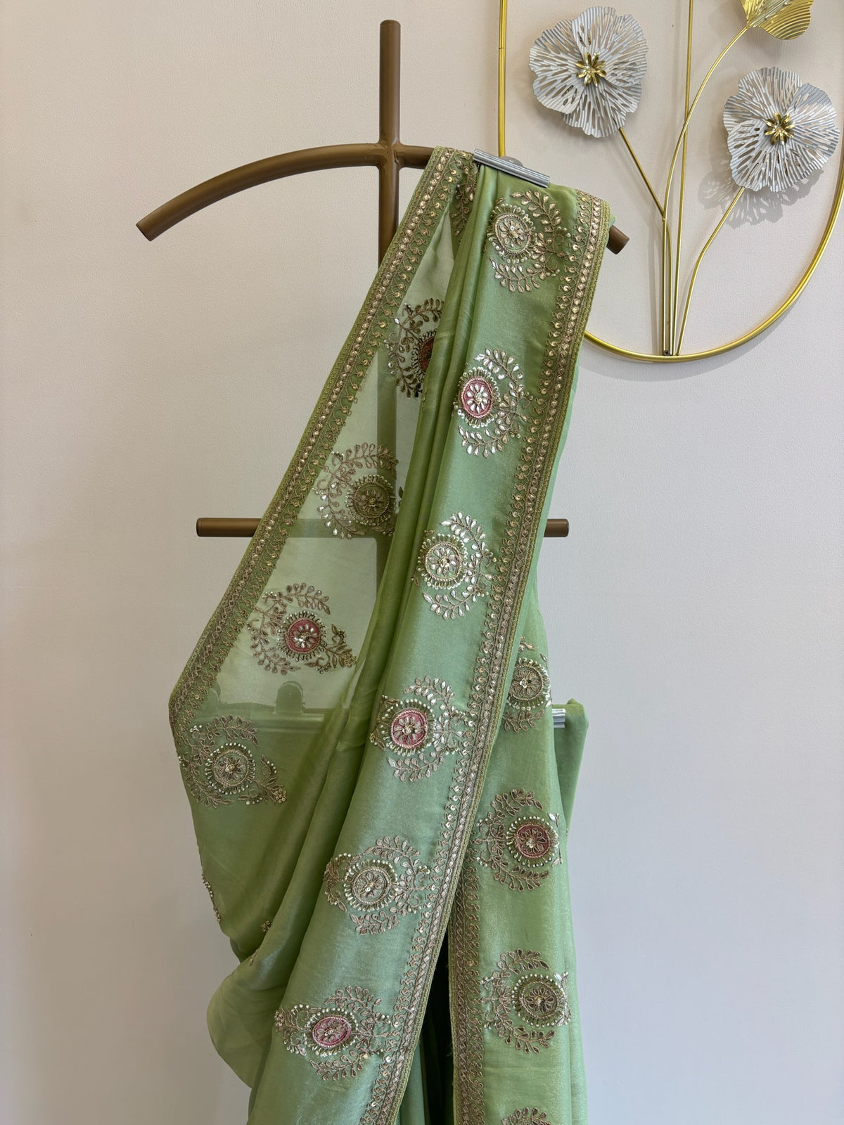 A1079 - A Pista-Green Saree with Gota, Zari, and Resham Work.
