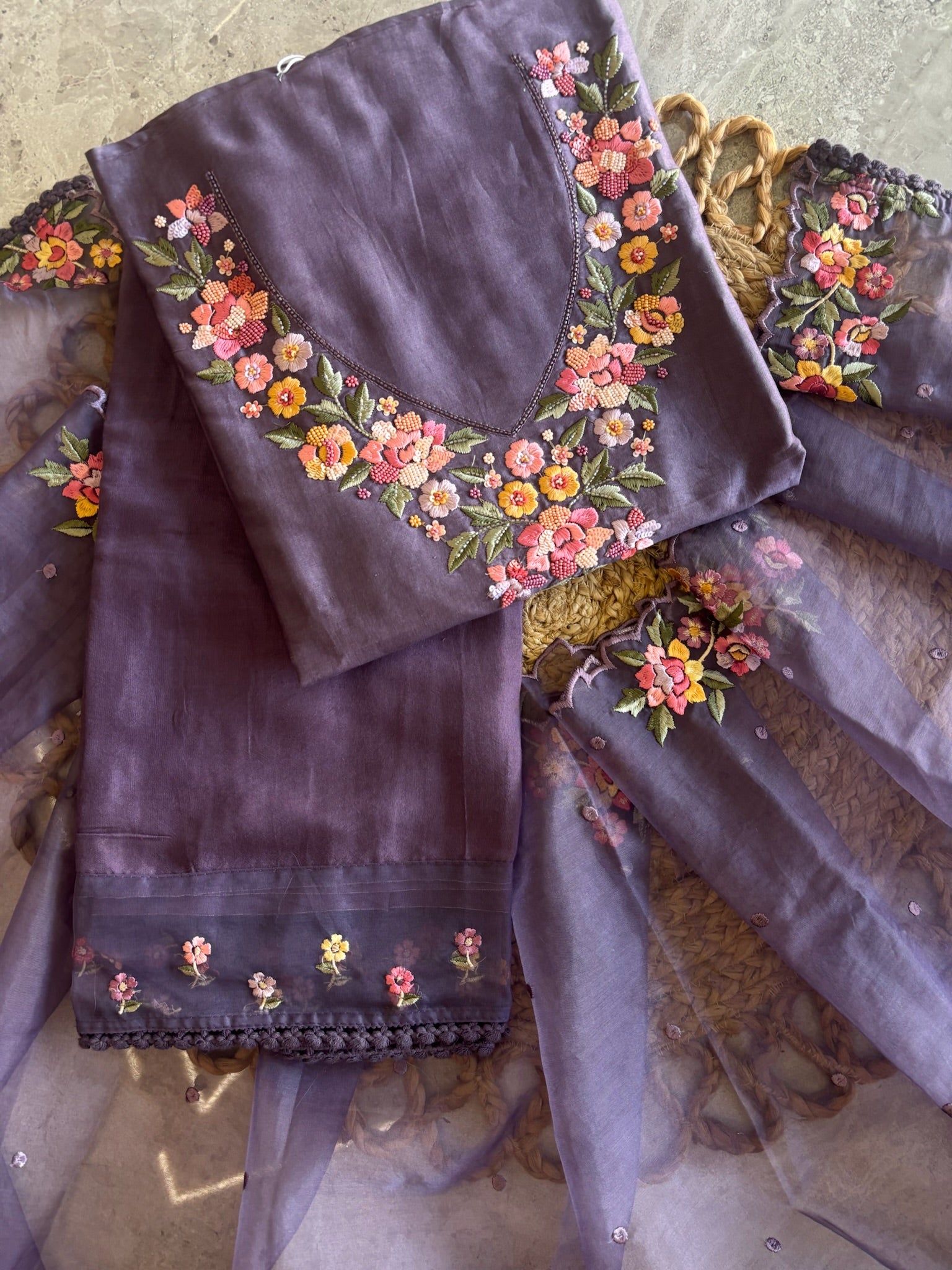 A1473 - Mul Cotton Unstitched Suit with 3D Floral Embroidery.