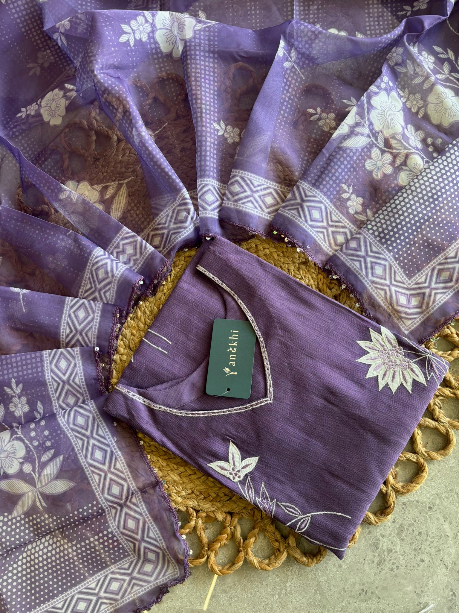A2714 - Rayon Kurta Set with delicate Patchwork, Hand Embroidery & Printed Organza Dupatta