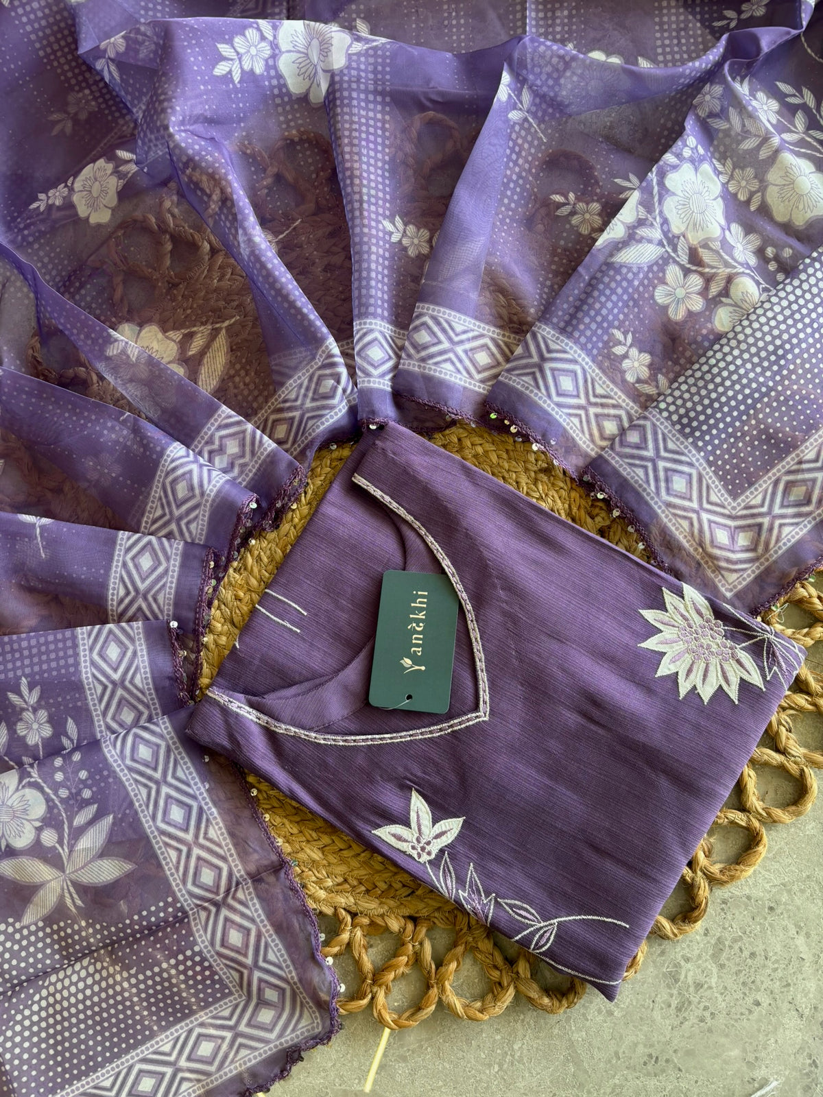 A2714 - Rayon Kurta Set with delicate Patchwork, Hand Embroidery & Printed Organza Dupatta