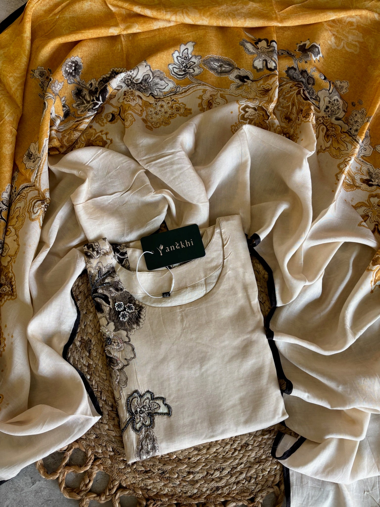 A1569 - Ivory Muslin Silk Kurti Set with Hand-Embroidered Detailing & Printed Dupatta