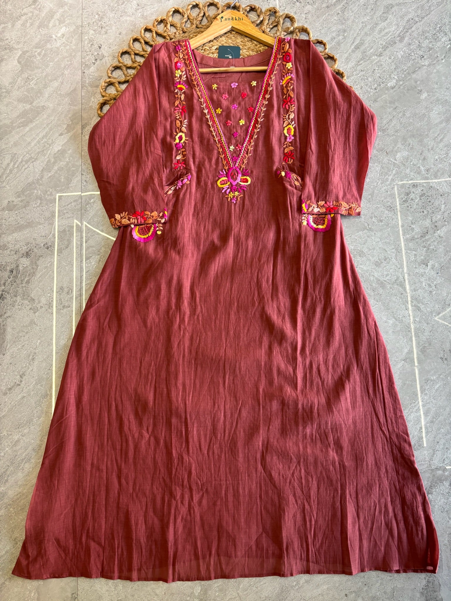 A4143- Mul Chanderi Kurti with vibrant floral Hand-Embroidery & Front Pockets, Pants & scalloped Dupatta.