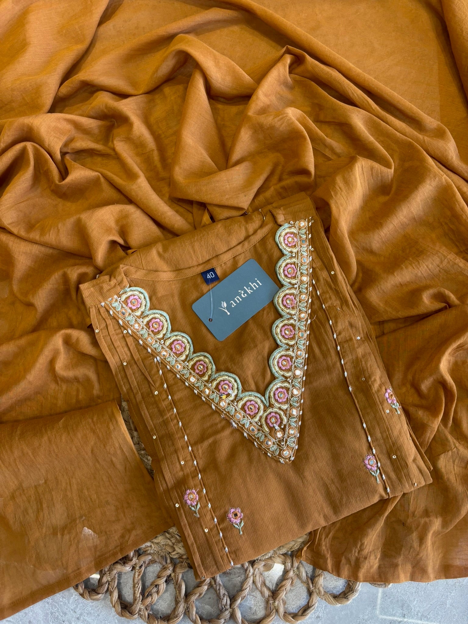 A2781 - Pure Cotton Embroidered Kurti with Lace detail on Neckline, Pants & Dupatta