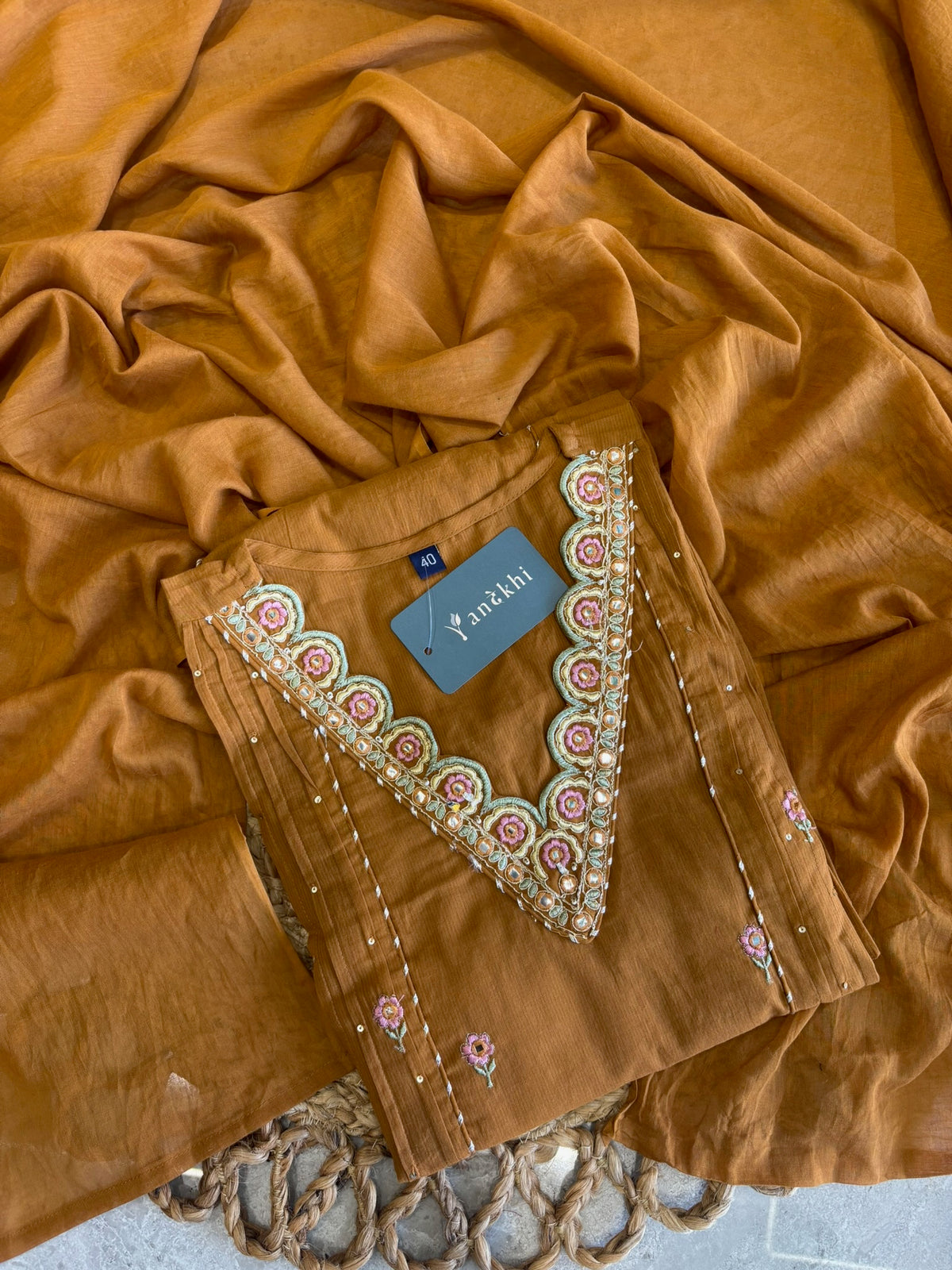 A2781 - Pure Cotton Embroidered Kurti with Lace detail on Neckline, Pants & Dupatta
