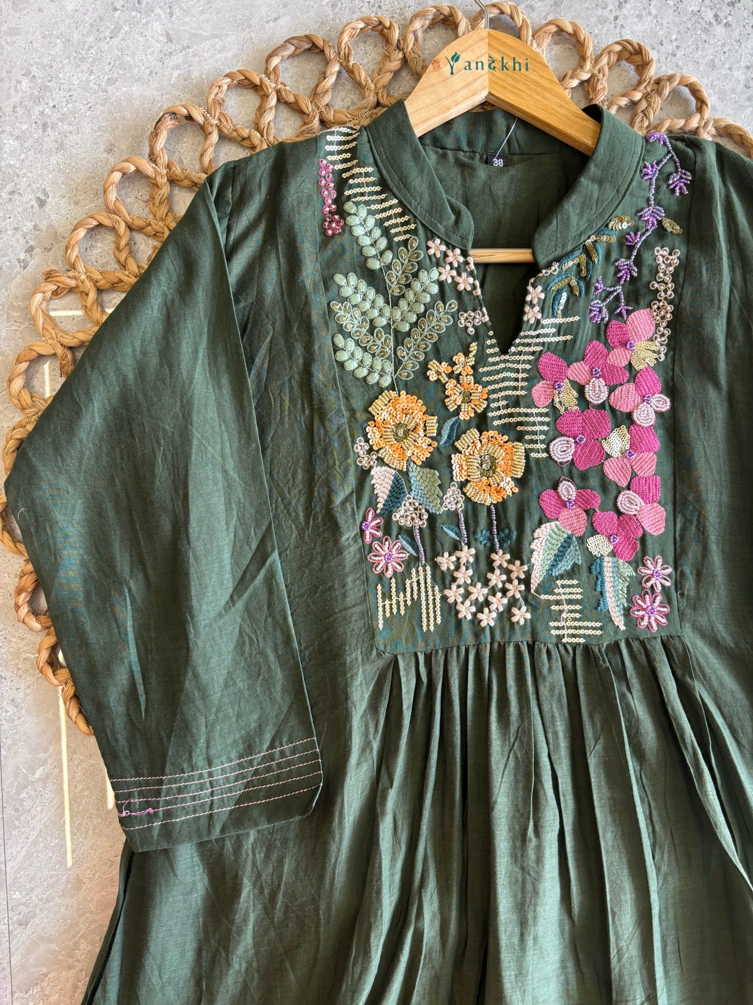 A4148- Mul Chanderi Kurti featuring Intricate Multi-Colour Handwork, with Pants & Dupatta.