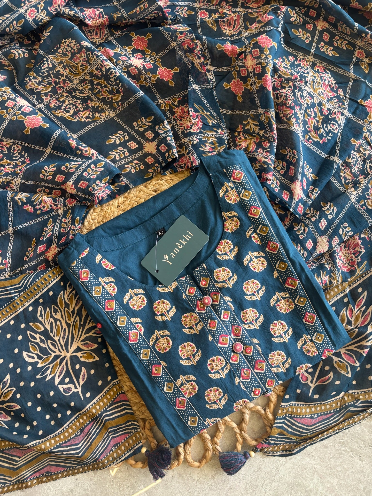 A2812 - Pure Cotton straight Kurti with york detailing, printed Pants and Dupatta.