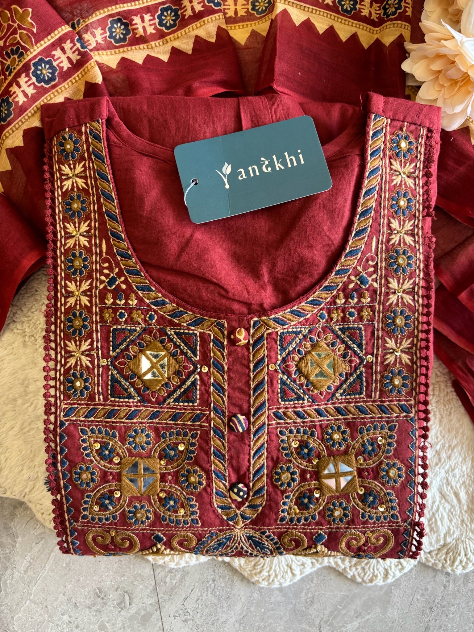 A3948- Pure Cotton Solid Anarkali Suit with Embroidered Yoke, Ajrakh-inspired Printed Accents, matching Pants & Printed Dupatta.