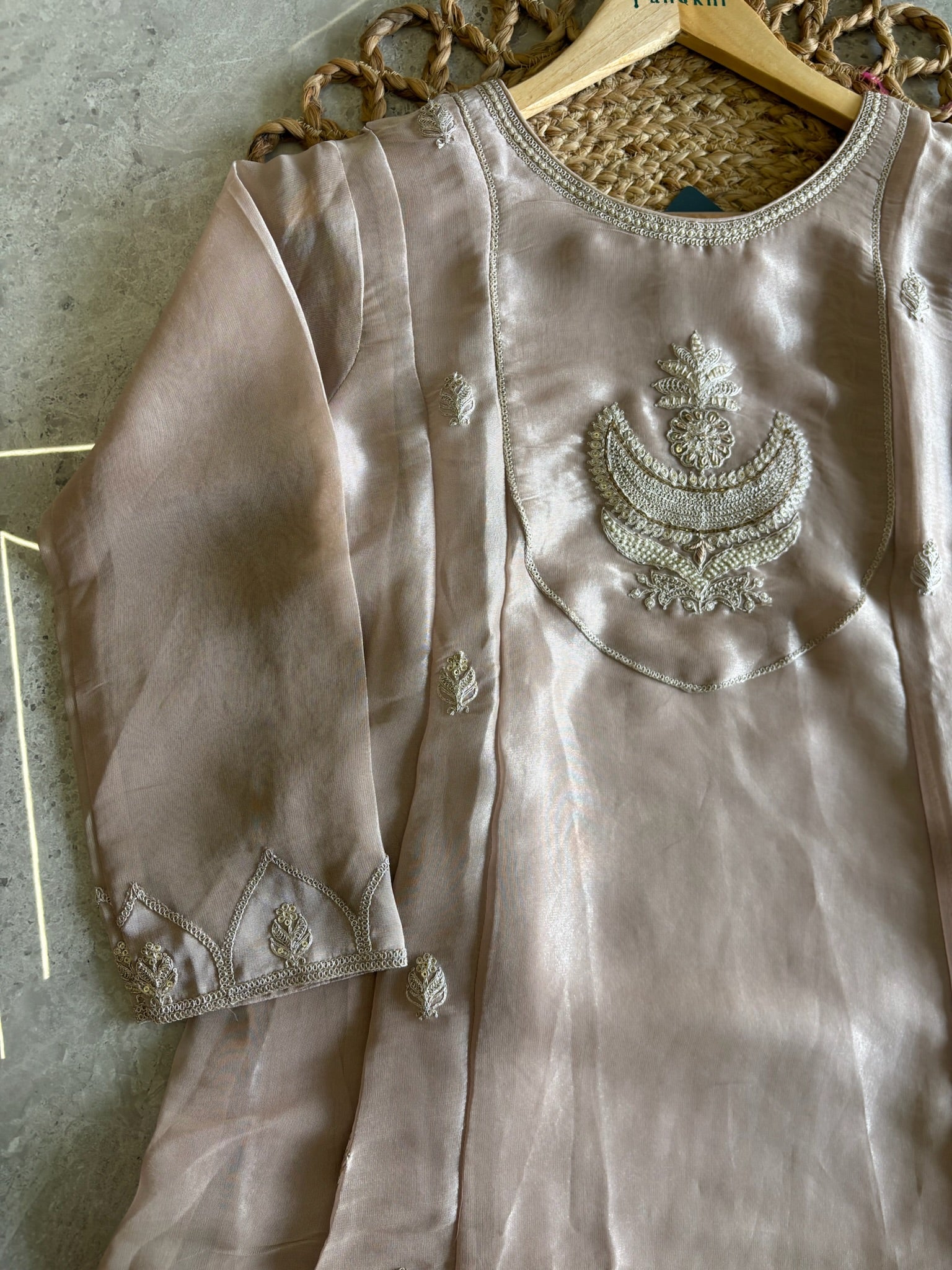 A4152- Tissue Silk Zari Anarkali Set with Zari Embroidery on the yoke & Booti all over, with Pants & Dupatta