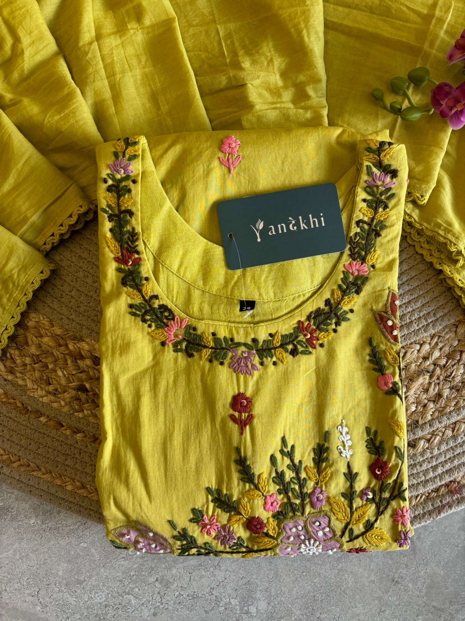 A5075- LimePure Cotton A-lign Suit with Katha work, paired with pants & Dupatta.
