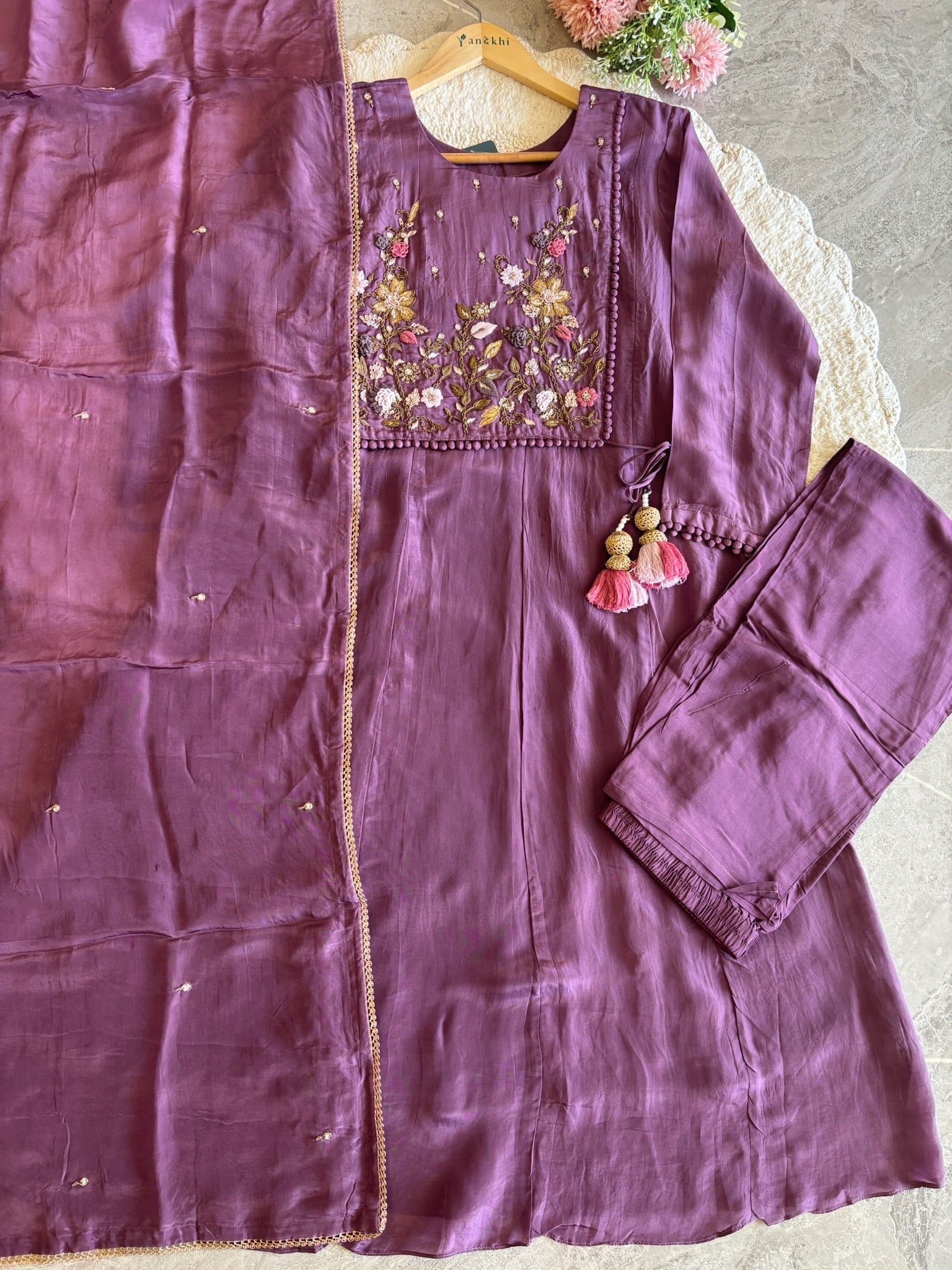 A2642- HO Silk A-Line Suit featuring an Overlap Jacket-Style Hand Embroidered Heavy, Paired with Pants & a Dupatta.