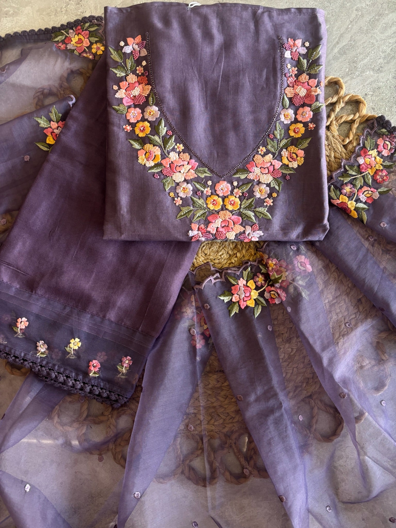 A1473 - Mul Cotton Unstitched Suit with 3D Floral Embroidery.