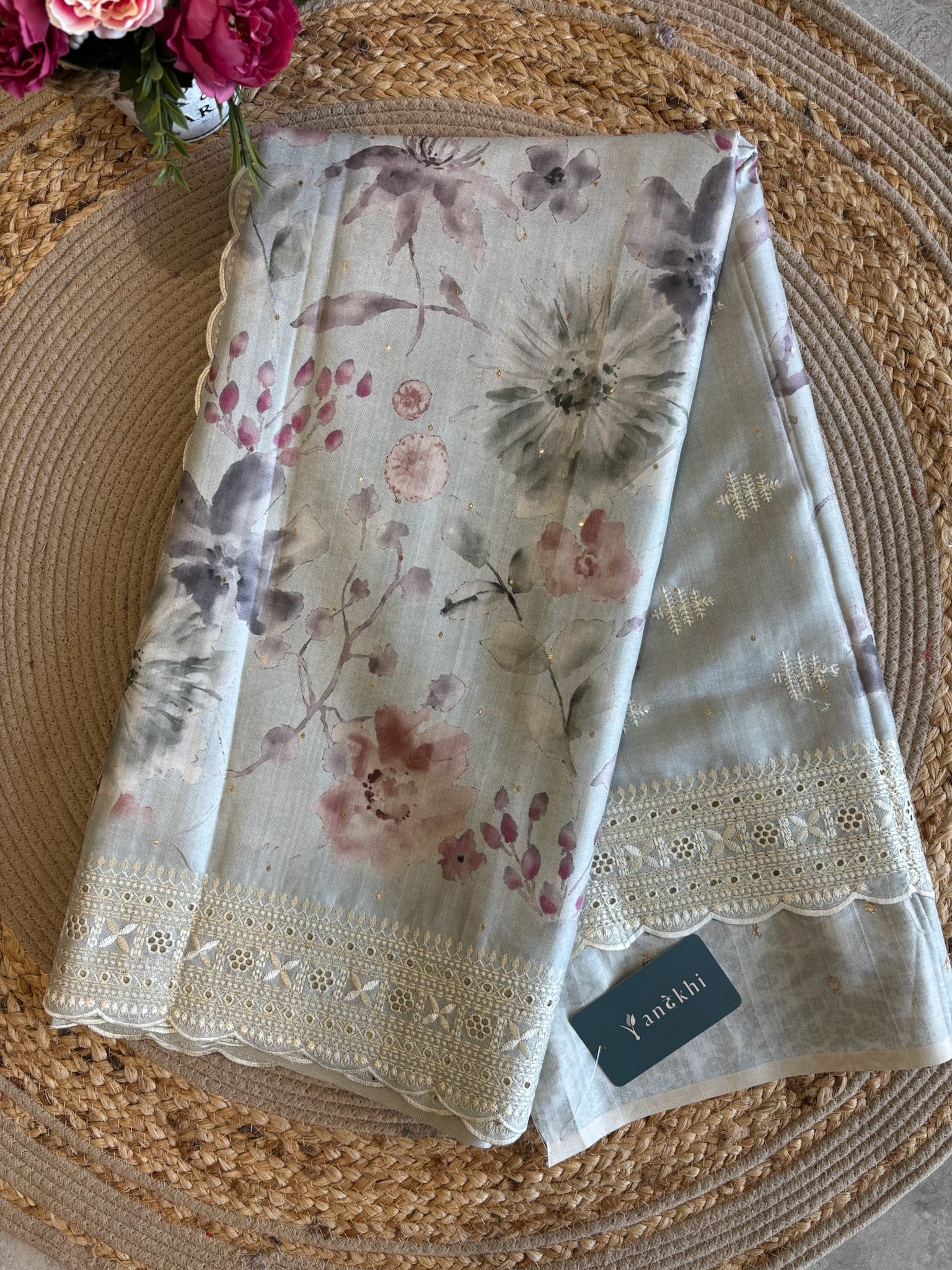 A2651 - Grey Soft Silk Saree with Mukesh Work & Cutwork Chikankari Border