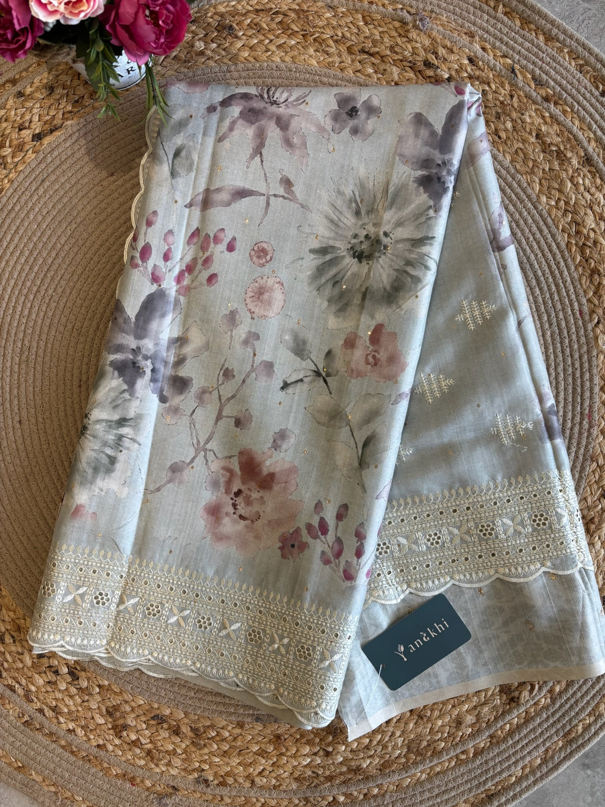 A2651 - Grey Soft Silk Saree with Mukesh Work & Cutwork Chikankari Border