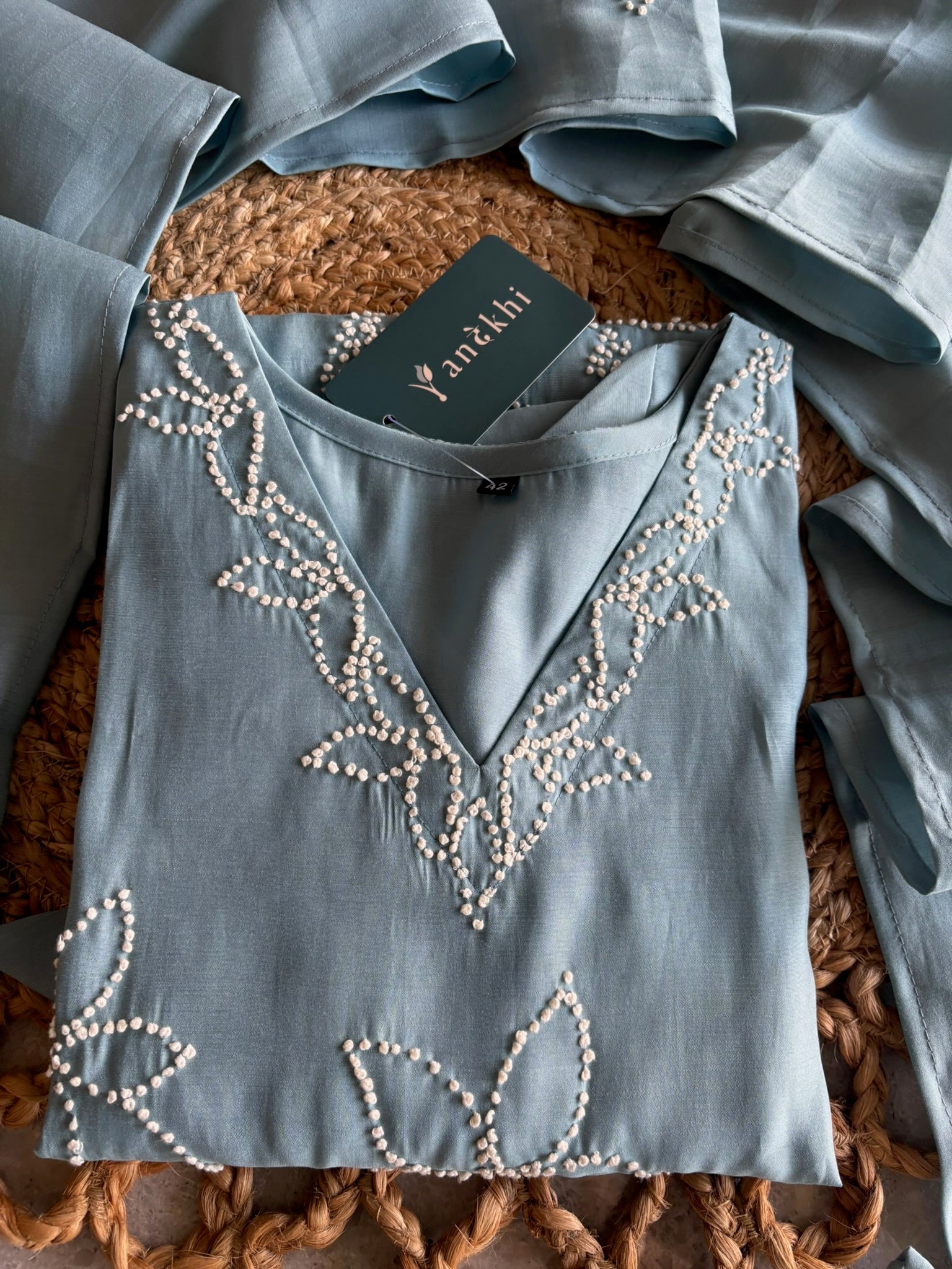 A2849 - Chanderi Silk Kurti with delicate Hand Embroidery, Pants & Dupatta.