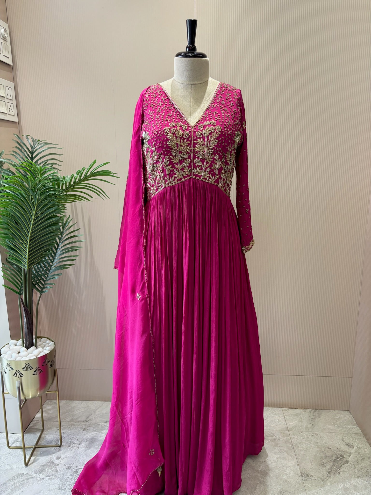 A2707- Gown in Pure Chinon fabric, featuring intricate Zari, Sequins Handwork on the Yoke & Sleeves.