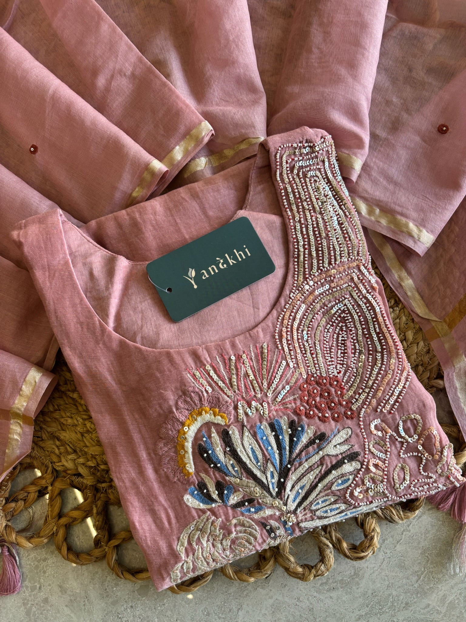 A4144 - Mul Chanderi Kurti with Heavy Handwork, paired with Pants & Dupatta.