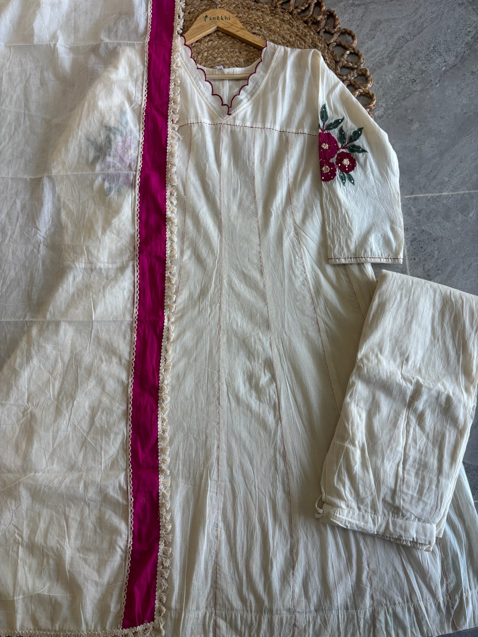 A4160- Pure Mul Chanderi Anarkali style Kurti, stitch detailing & Embroidered sleeves, with pant & Dupatta